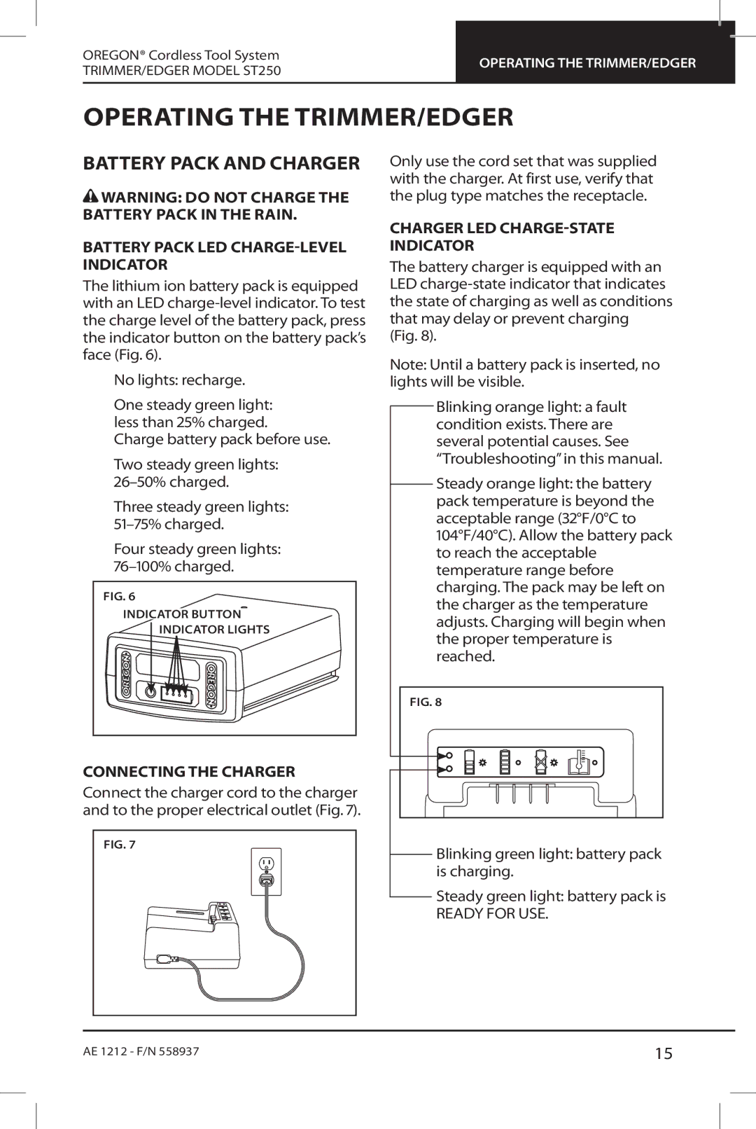 Oregon ST250 instruction manual Operating the trimmer/edger, Battery Pack and Charger 