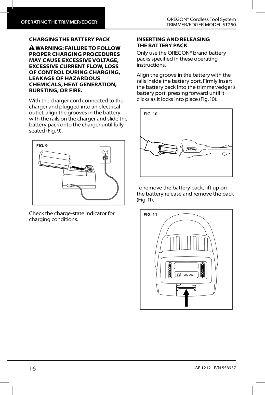 Oregon ST250 instruction manual Charging the Battery Pack 