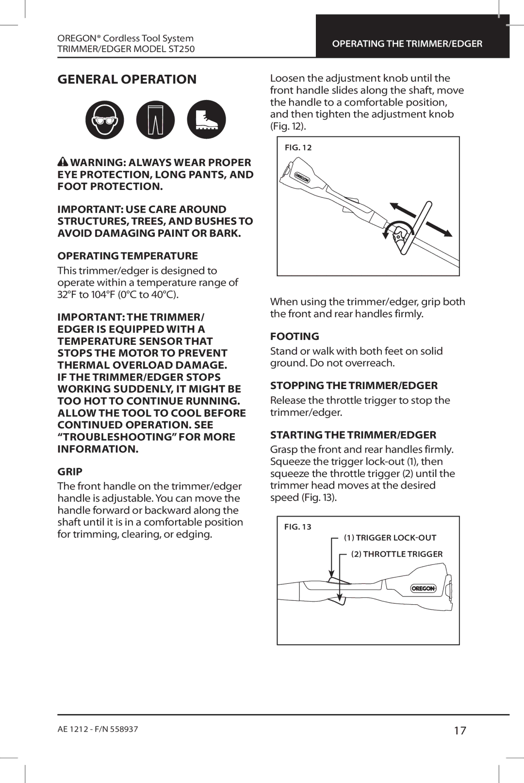 Oregon ST250 instruction manual General Operation, Stopping the trimmer/edger, Starting the trimmer/edger 