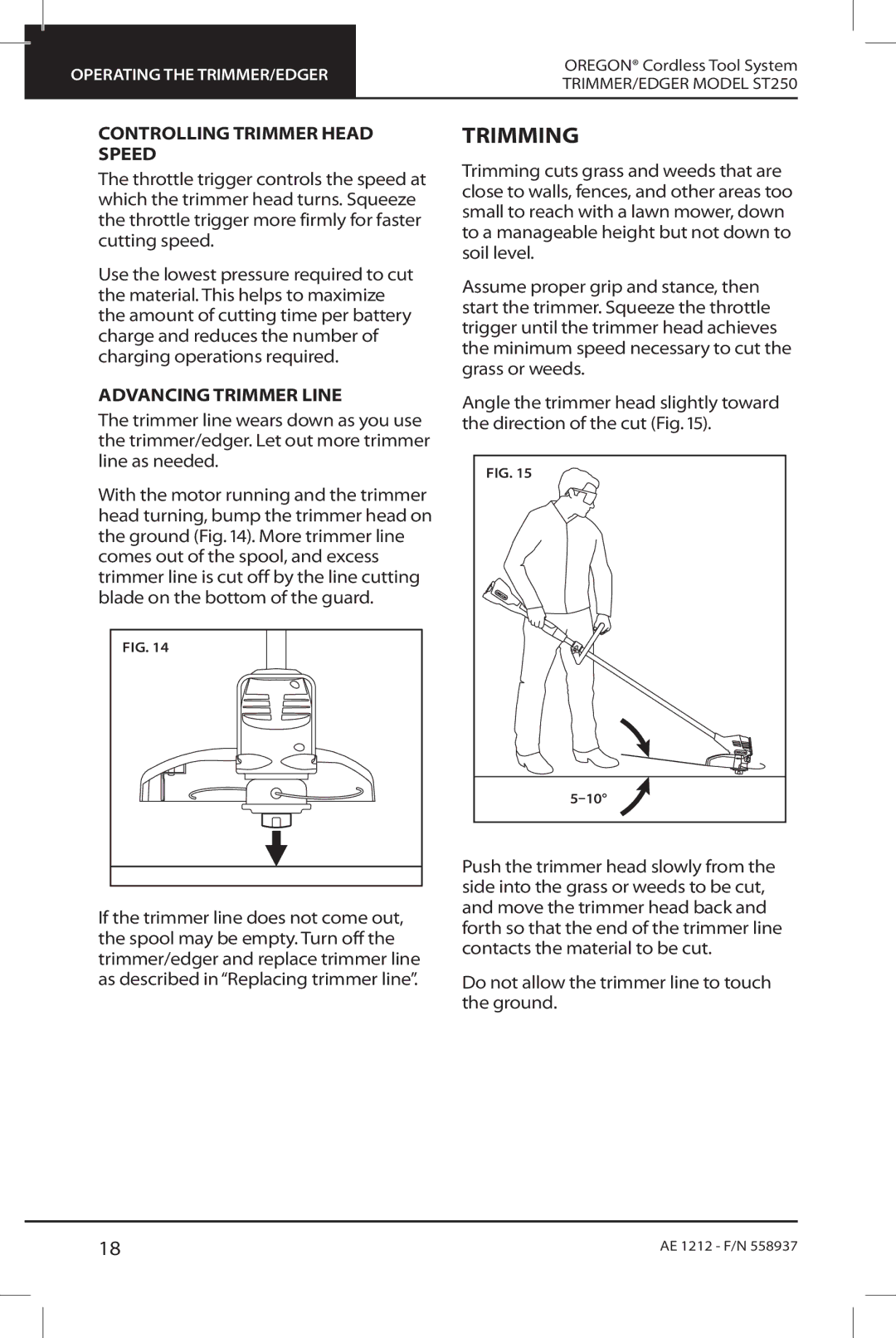 Oregon ST250 instruction manual Trimming, Controlling trimmer head speed, Advancing trimmer line 