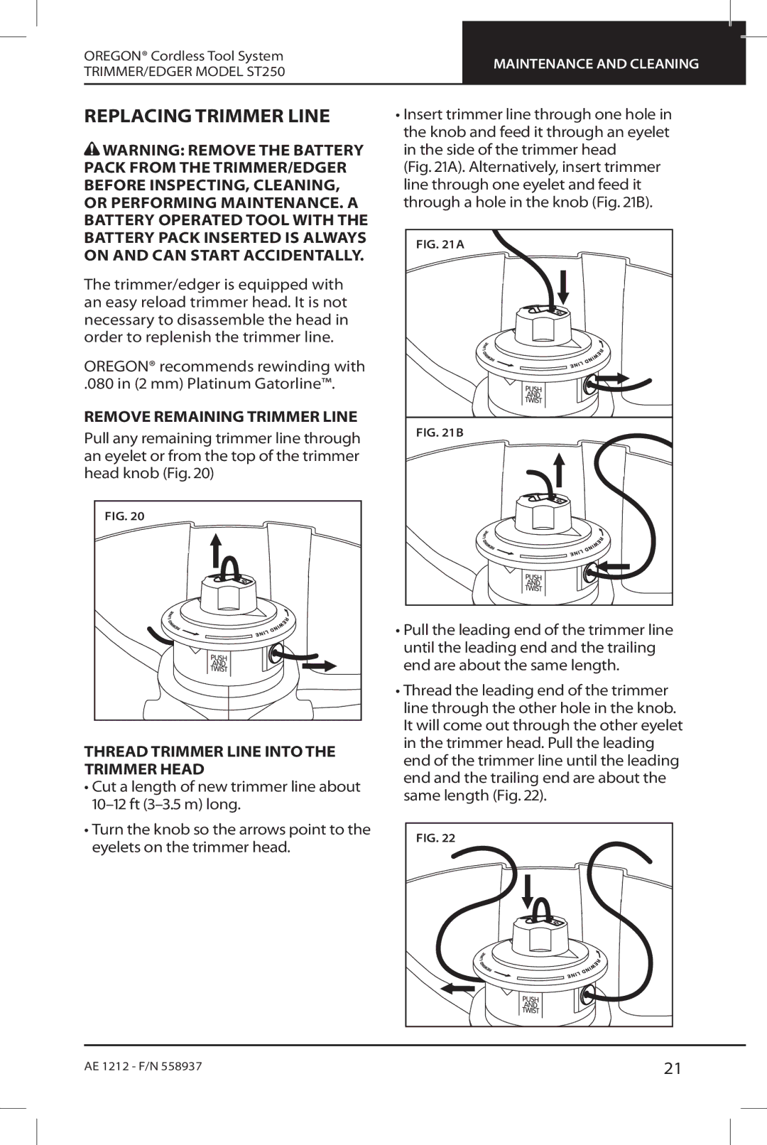 Oregon ST250 Replacing trimmer line, Remove remaining trimmer line, Thread trimmer line into the trimmer head 