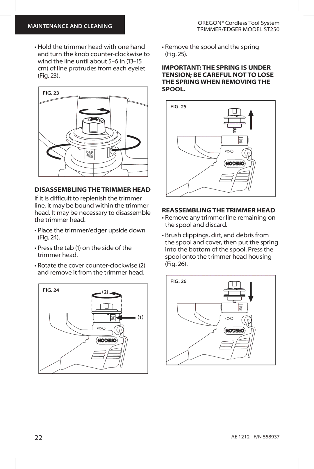 Oregon ST250 instruction manual Disassembling the trimmer head 