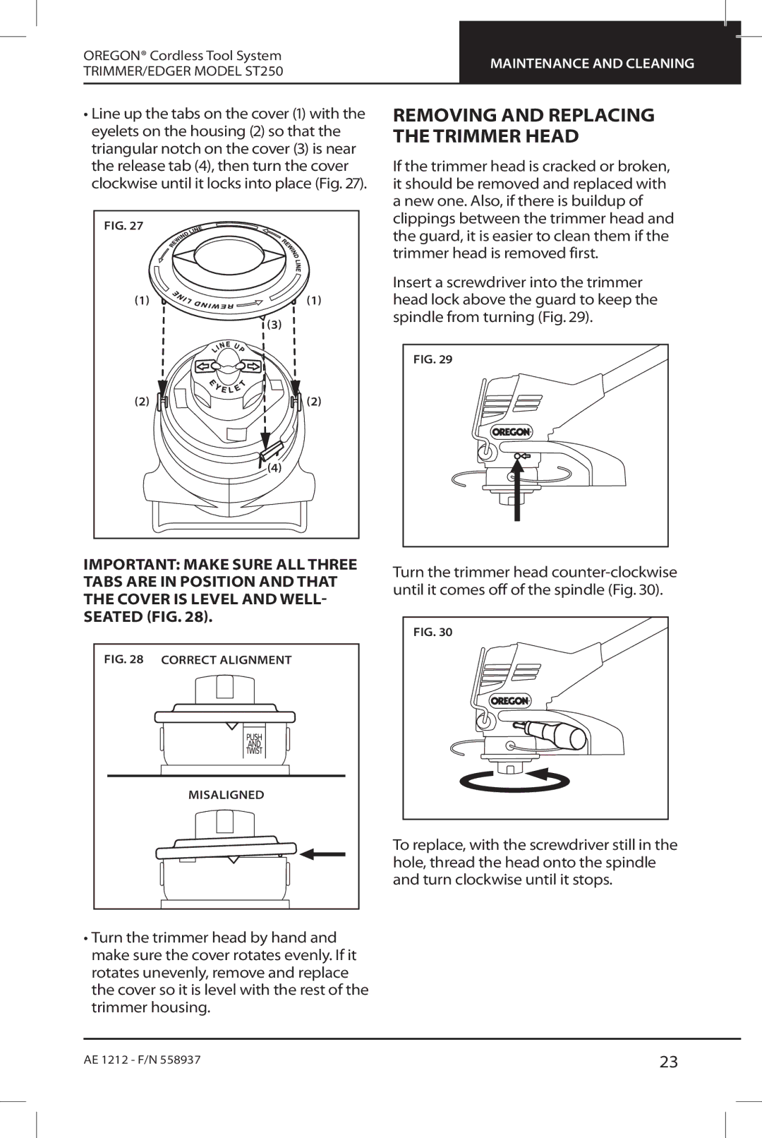 Oregon ST250 instruction manual Removing and replacing the trimmer head 