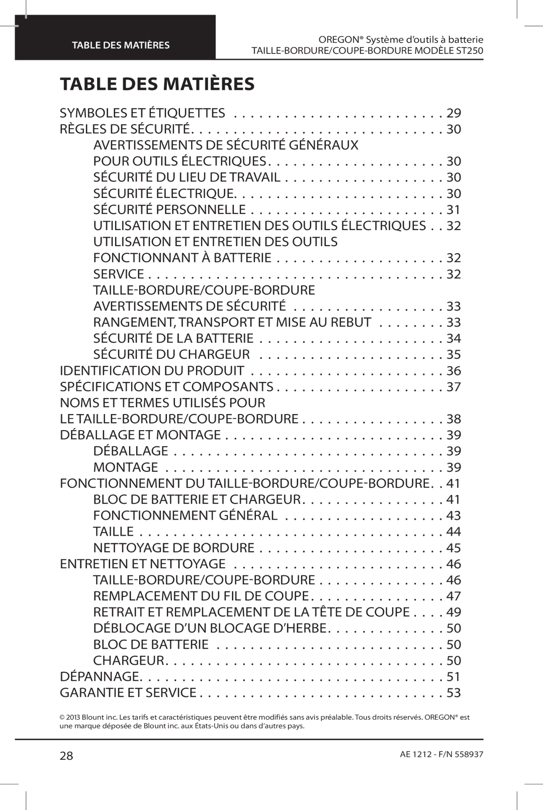 Oregon ST250 instruction manual Table DES Matières 