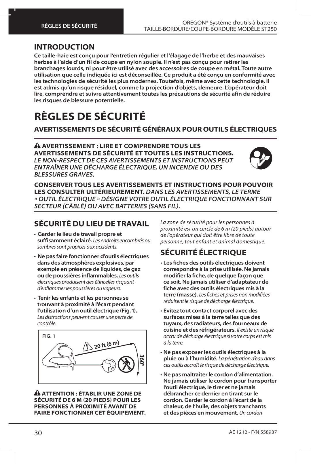 Oregon ST250 Règles de sécurité, Sécurité du lieu de travail, Sécurité électrique, Et des pièces en mouvement. Un cordon 