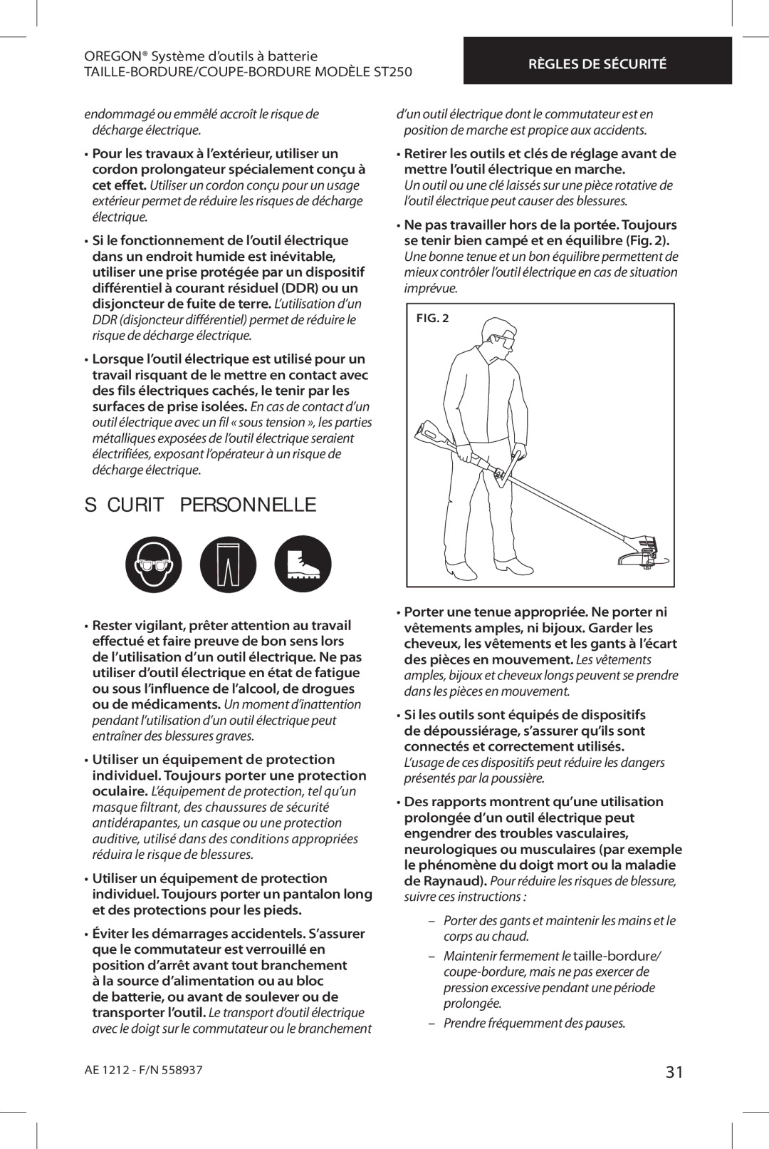 Oregon ST250 instruction manual Sécurité personnelle 