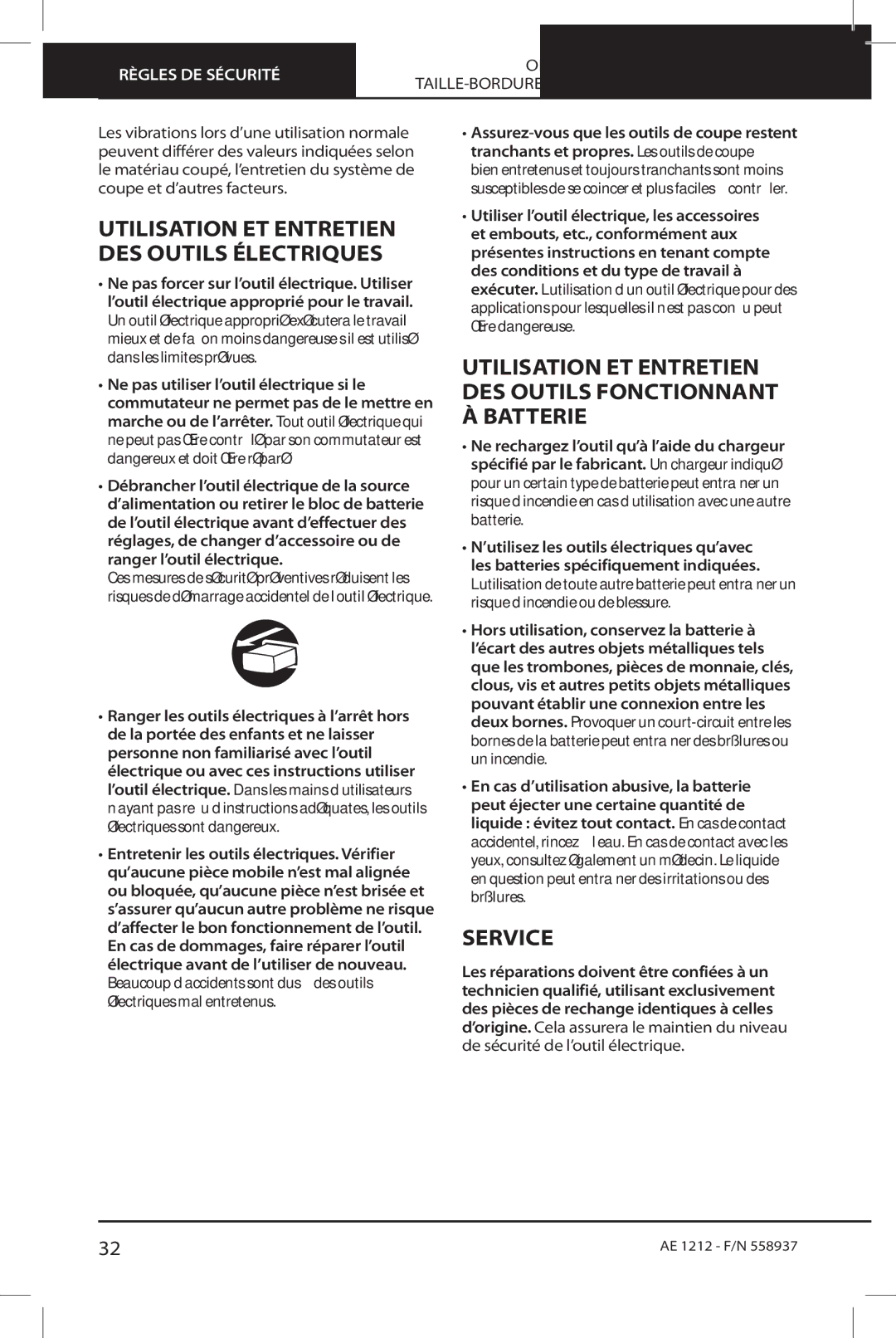 Oregon ST250 Utilisation et entretien des outils électriques, Utilisation et entretien des outils fonctionnant Batterie 