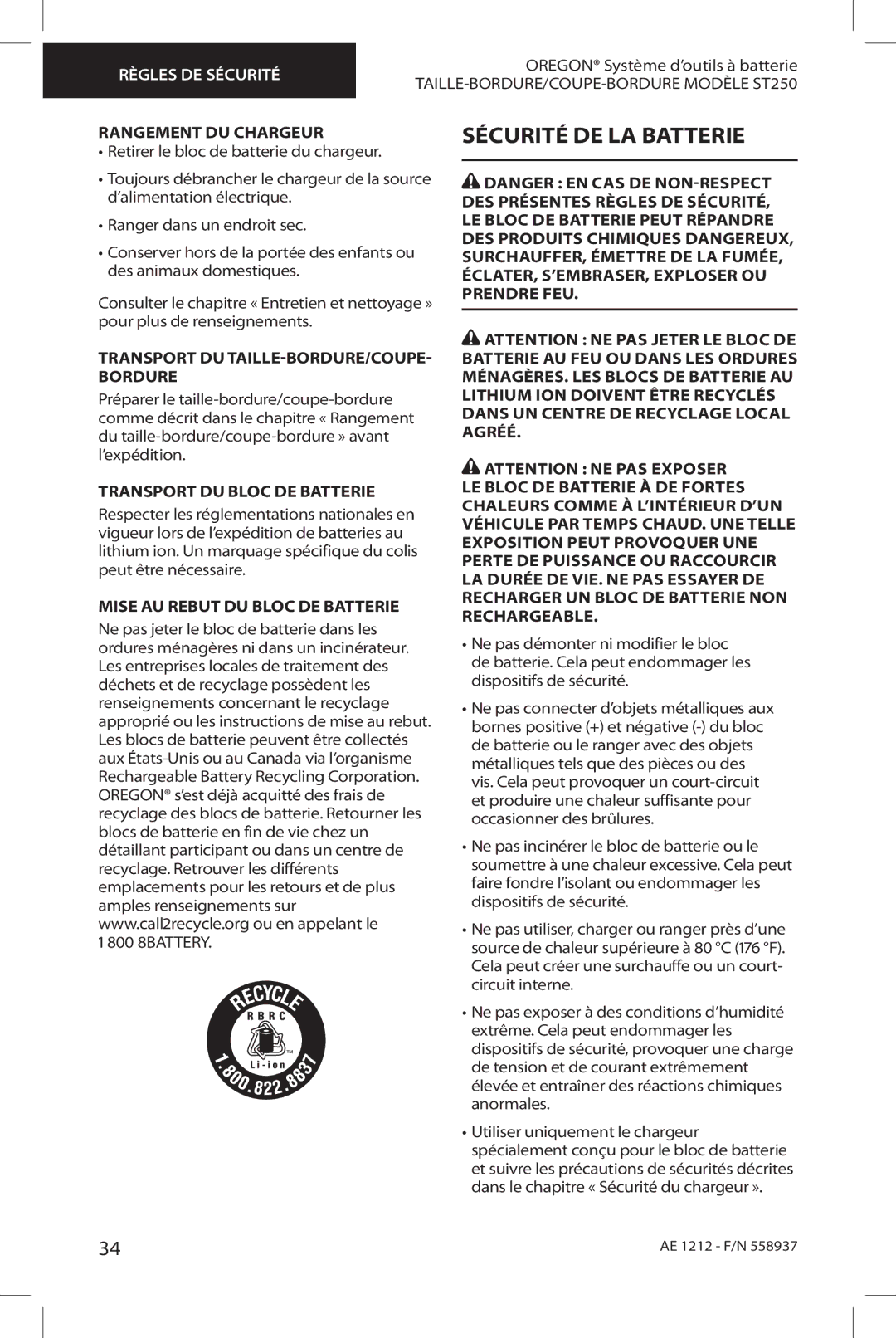 Oregon ST250 instruction manual Sécurité de la batterie, Rangement du chargeur, Transport du taille-bordure/coupe- bordure 