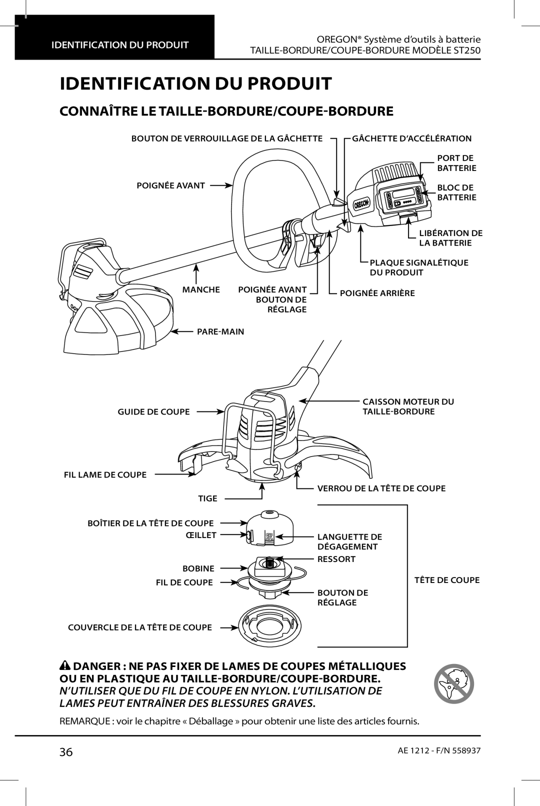 Oregon ST250 instruction manual Identification du produit, Connaître le taille-bordure/coupe-bordure 