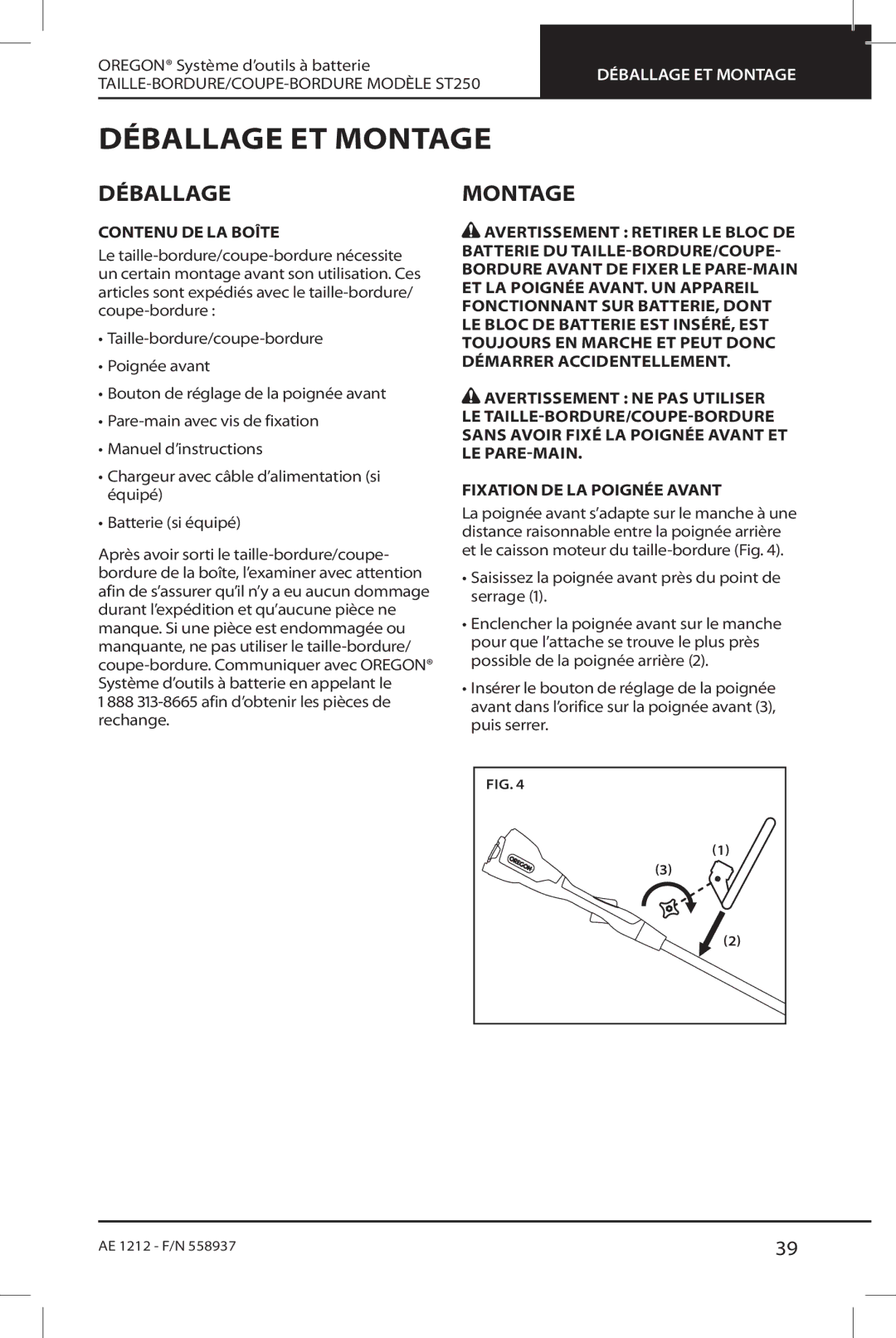 Oregon ST250 instruction manual Déballage et montage, Montage, Contenu de la boîte 