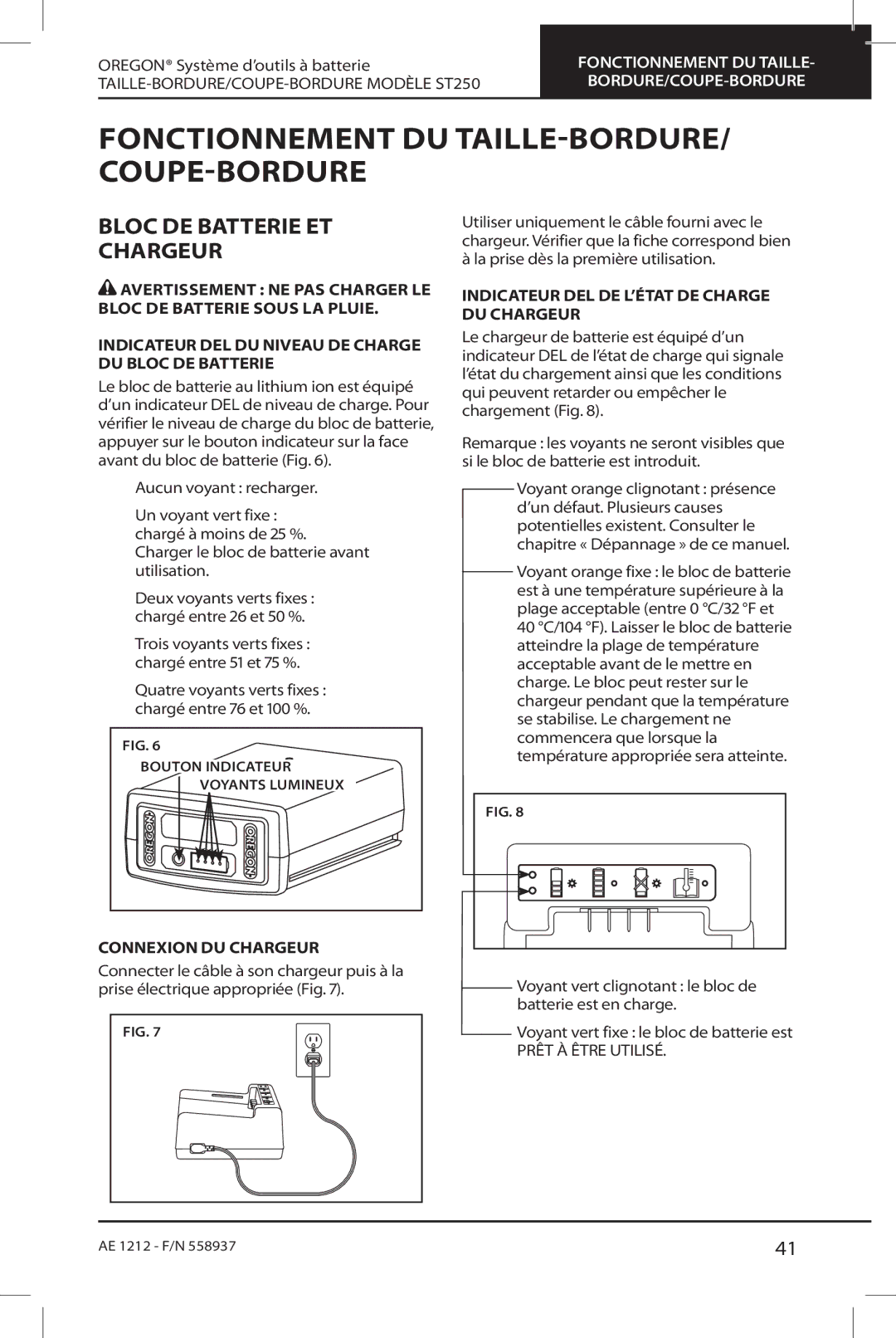 Oregon ST250 Fonctionnement du taille-bordure/ coupe-bordure, Bloc DE Batterie ET Chargeur, Connexion DU Chargeur 