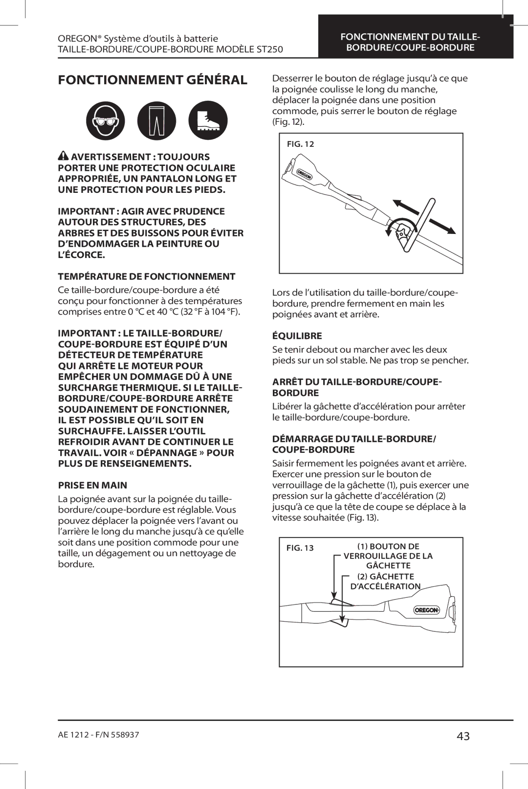 Oregon ST250 instruction manual Fonctionnement Général, Équilibre, Arrêt du taille-bordure/coupe- bordure 