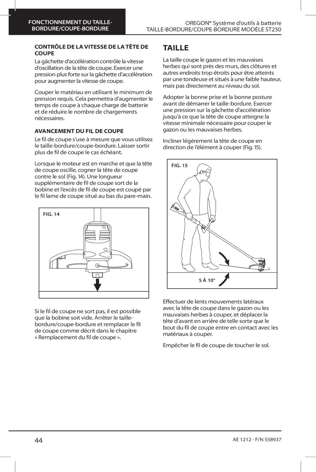 Oregon ST250 instruction manual Taille, Contrôle de la vitesse de la tête de coupe, Avancement du fil de coupe 