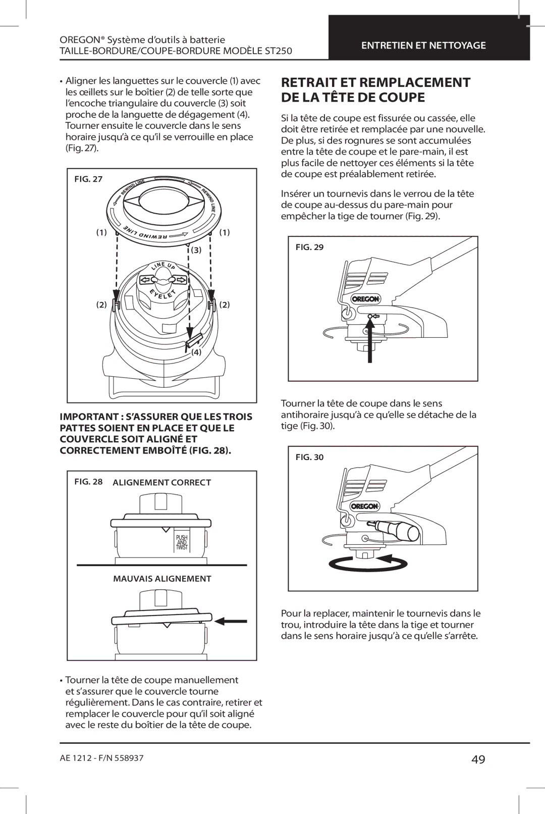 Oregon ST250 instruction manual Retrait et remplacement de la tête de coupe 