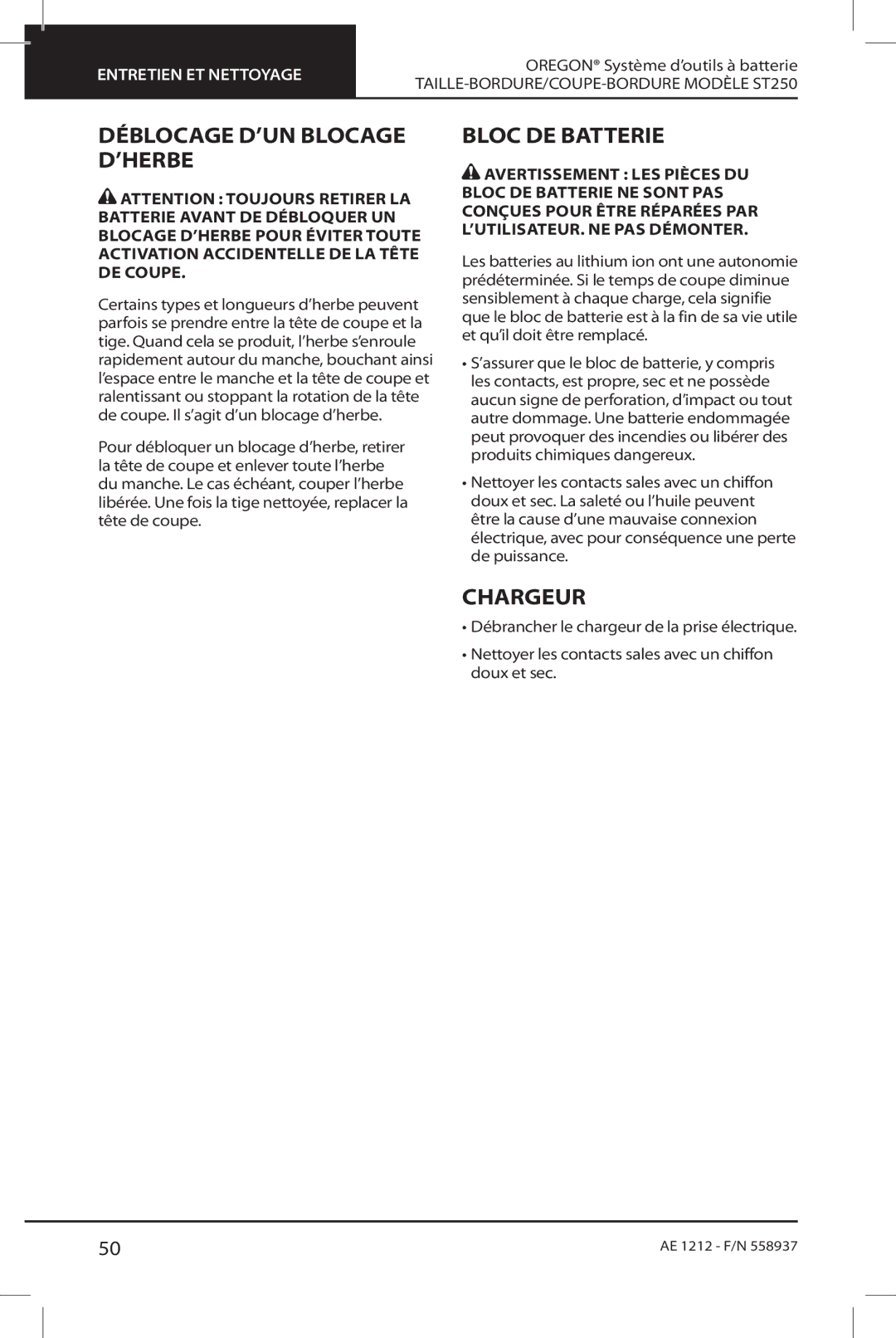 Oregon ST250 instruction manual Déblocage d’un blocage d’herbe, Bloc de batterie, Chargeur 