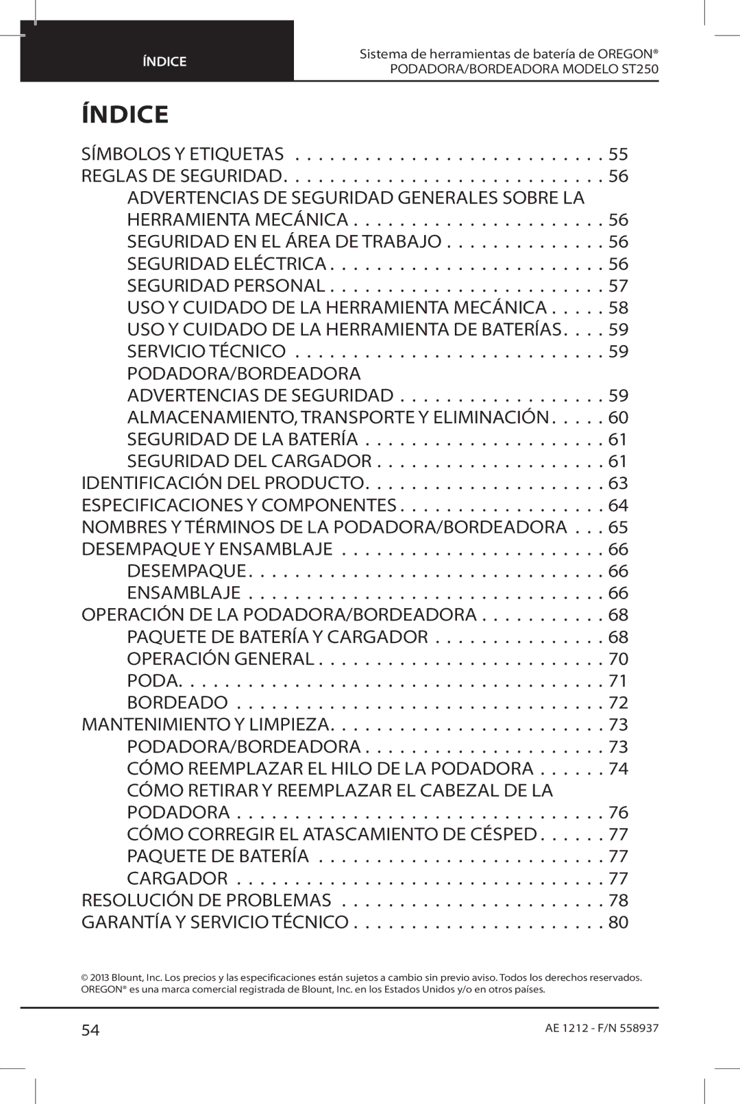 Oregon ST250 instruction manual Índice 