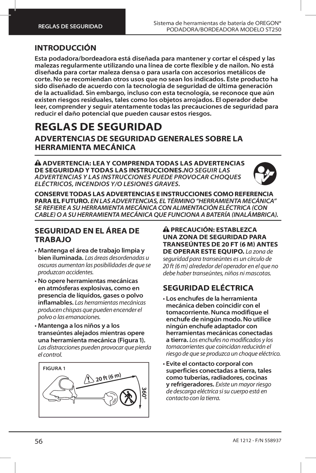 Oregon ST250 instruction manual Reglas de seguridad, Introducción, Seguridad en el área de trabajo, Seguridad eléctrica 