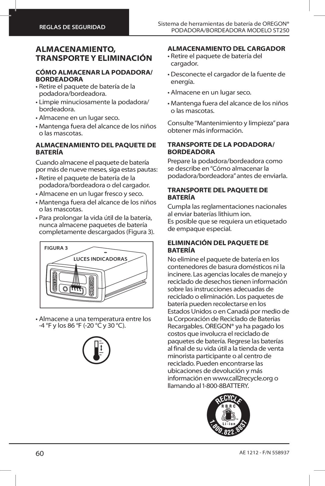 Oregon ST250 instruction manual ALMACENAMIENTO, transporte y eliminación 