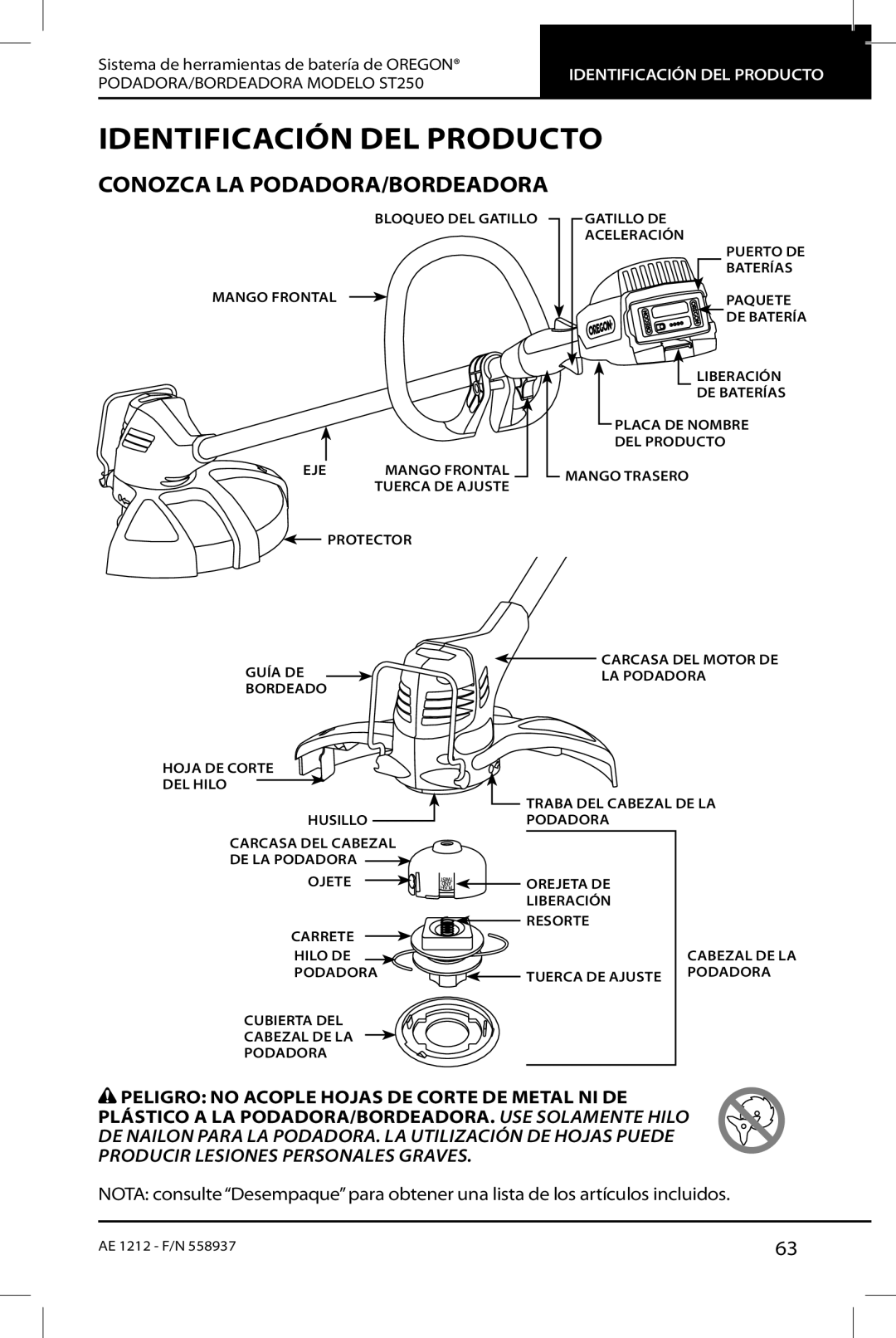 Oregon ST250 instruction manual Identificación del producto, Conozca la podadora/bordeadora 