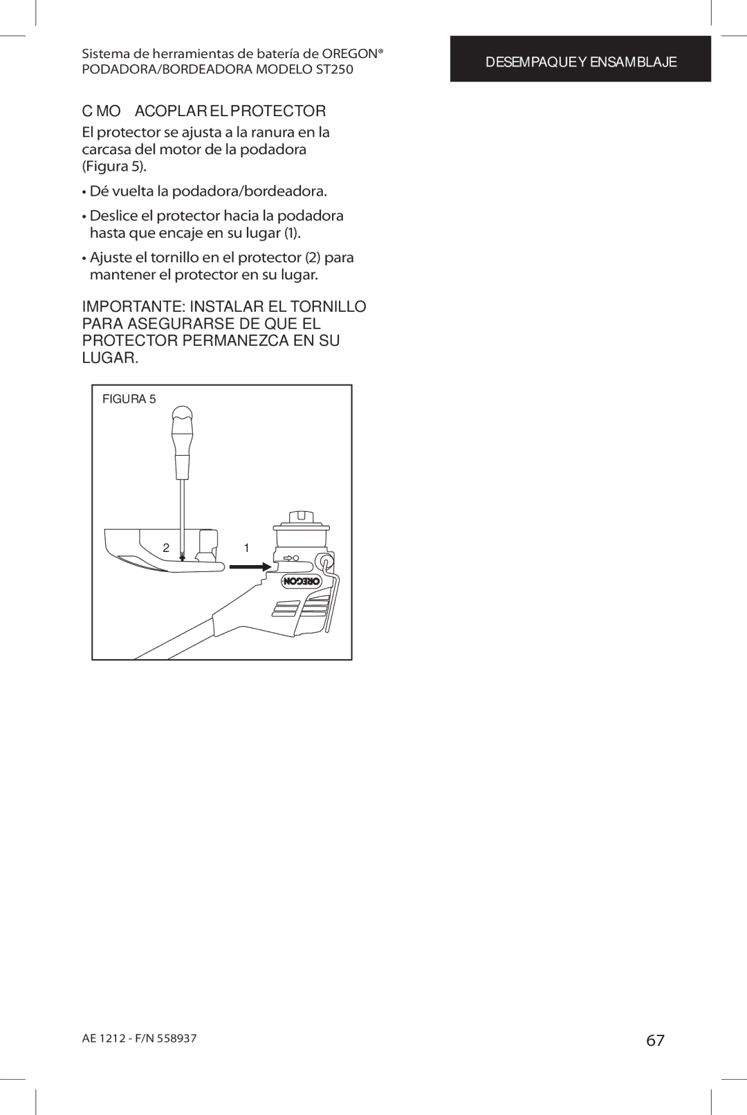 Oregon ST250 instruction manual Cómo acoplar el protector, Importante Instalar EL Tornillo 