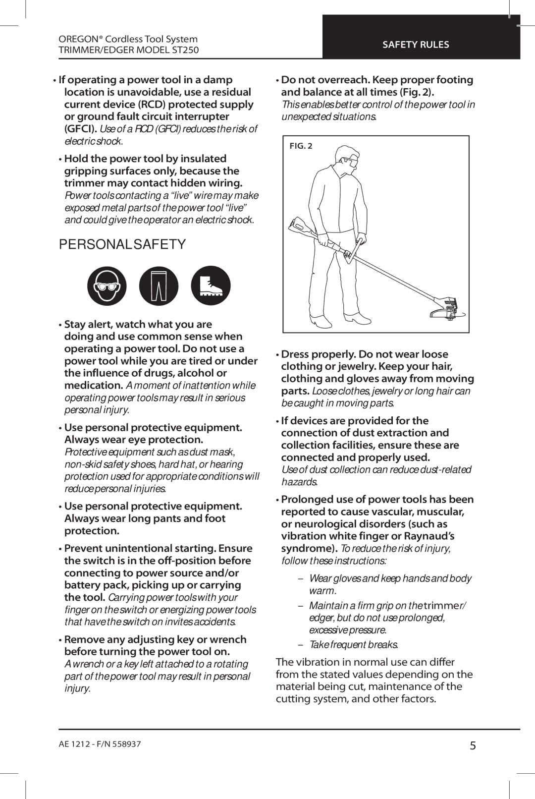 Oregon ST250 instruction manual Personal Safety 