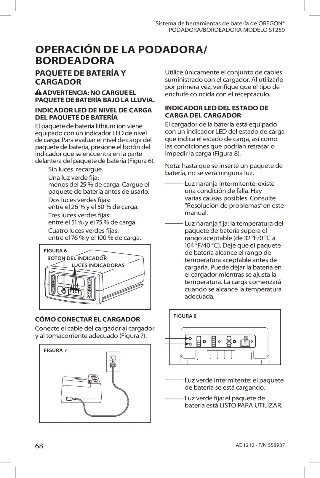 Oregon ST250 instruction manual Operación de la podadora/ bordeadora, Paquete DE Batería Y Cargador 