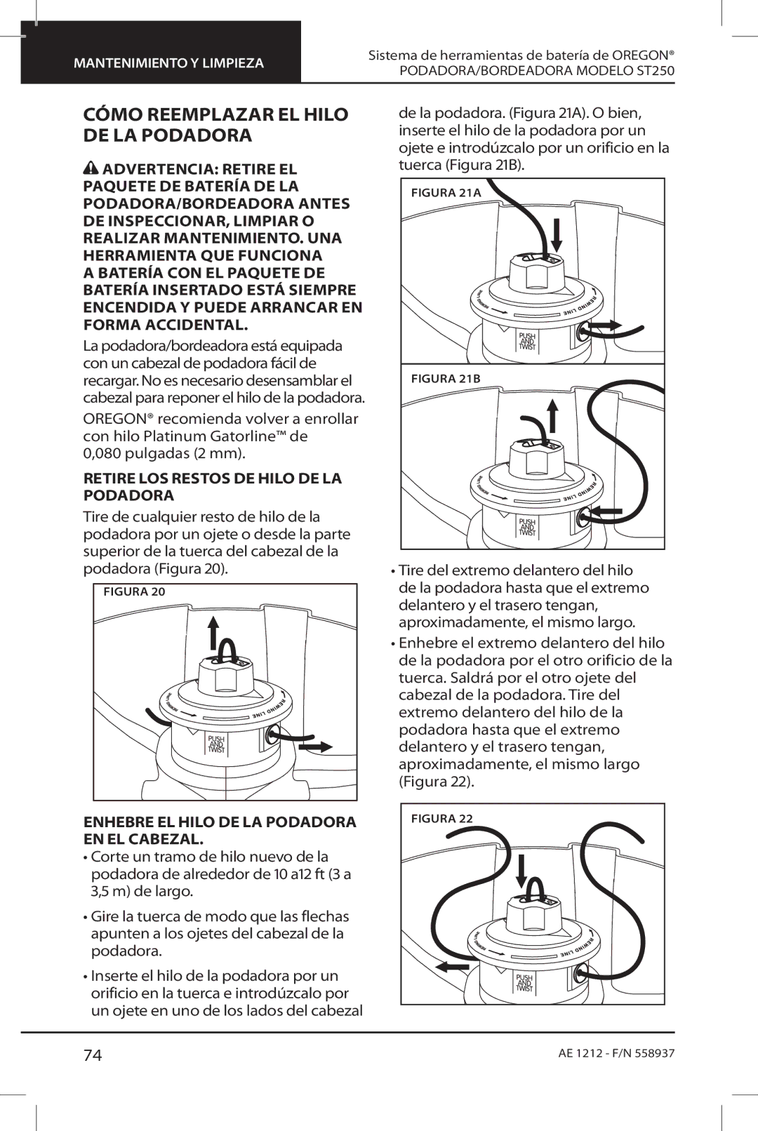 Oregon ST250 instruction manual Cómo reemplazar el hilo de la podadora, Retire los restos de hilo de la podadora 