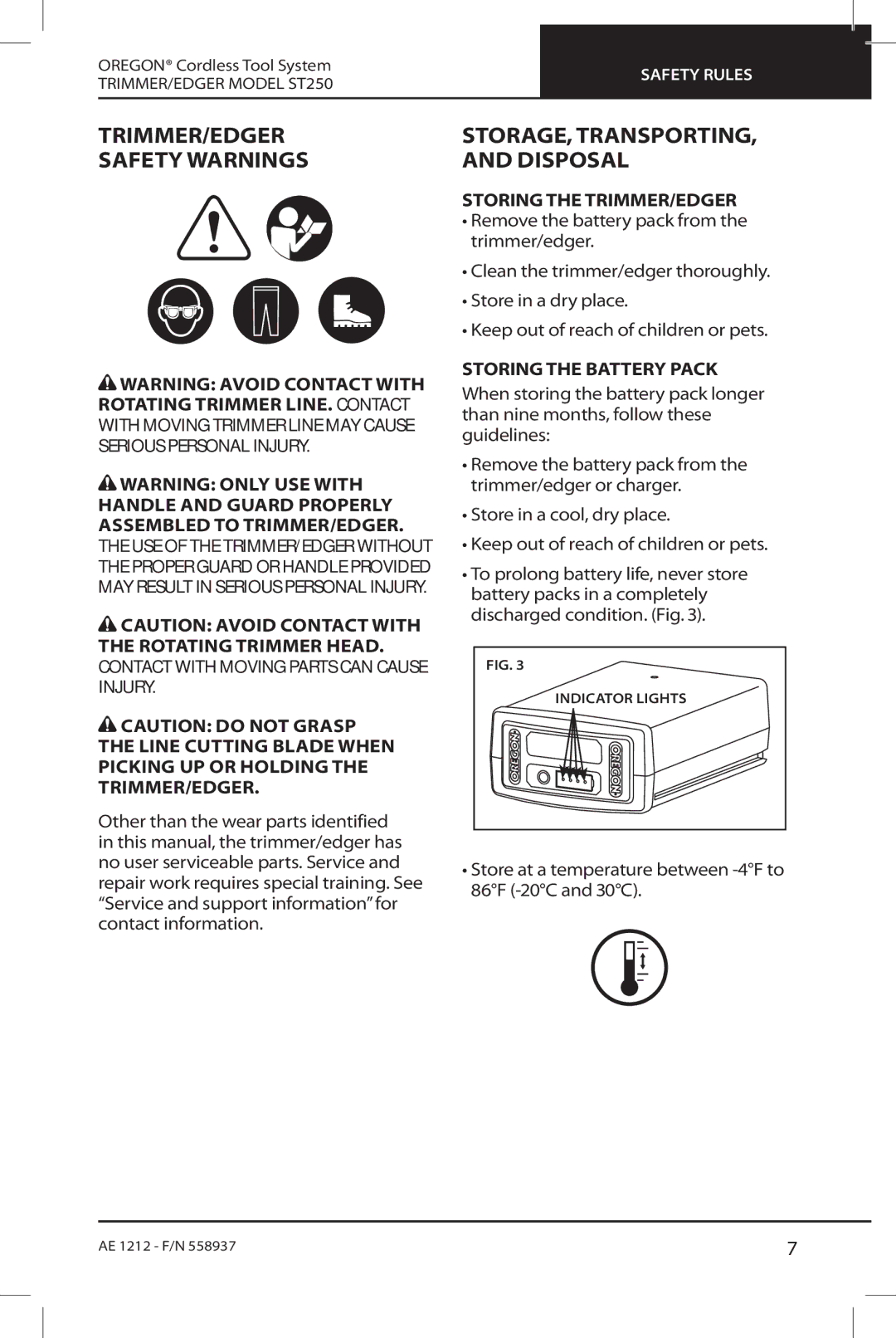 Oregon ST250 TRIMMER/edger Safety Warnings, STORAGE, Transporting, and disposal, Storing the trimmer/edger 