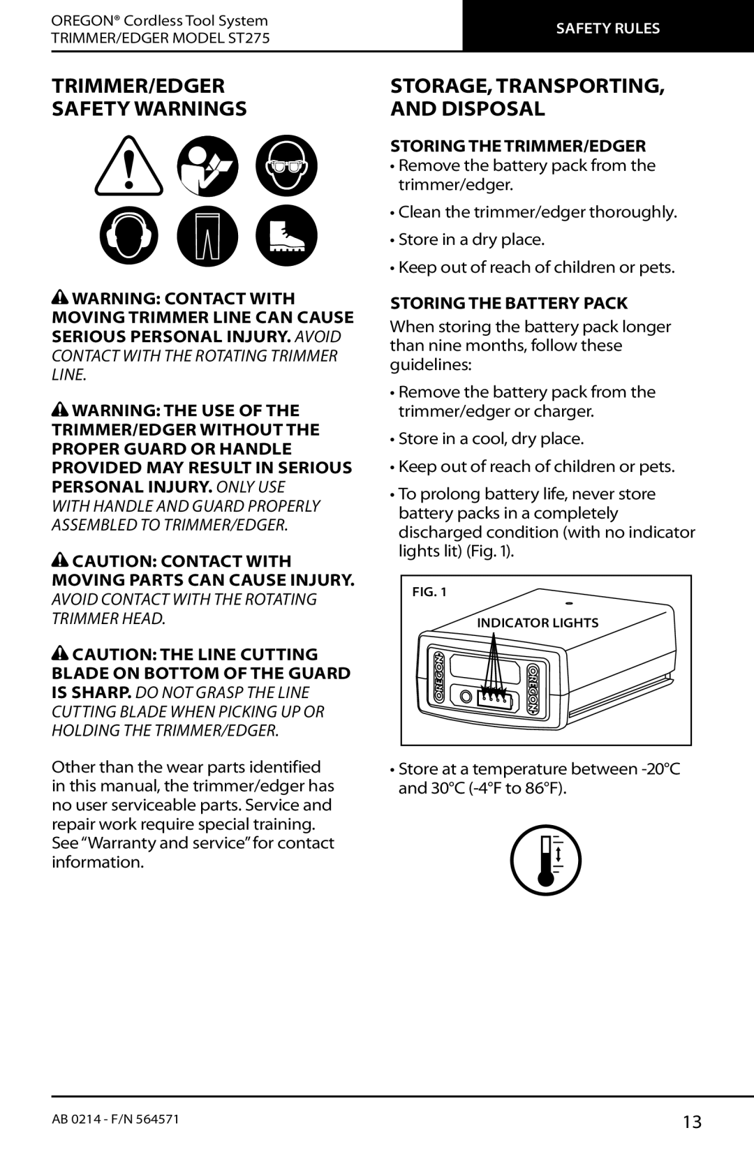 Oregon ST275 instruction manual TRIMMER/EDGER Safety Warnings, Storing the TRIMMER/EDGER, Storing the Battery Pack 