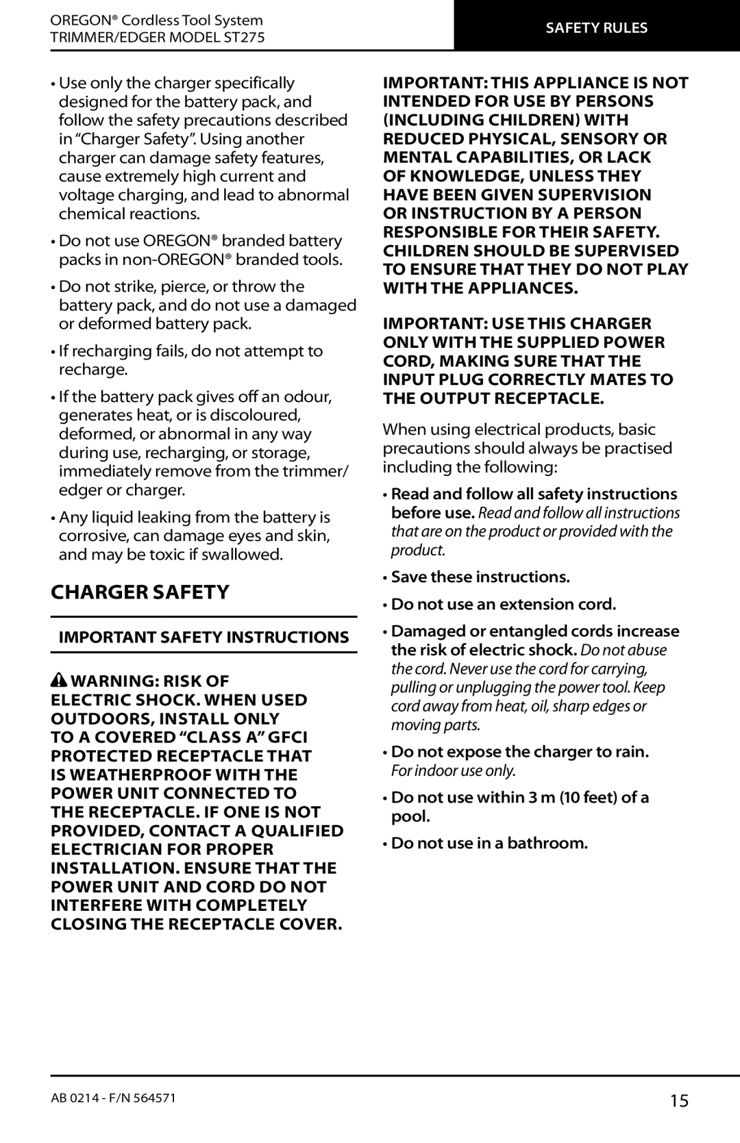 Oregon ST275 instruction manual Charger Safety 