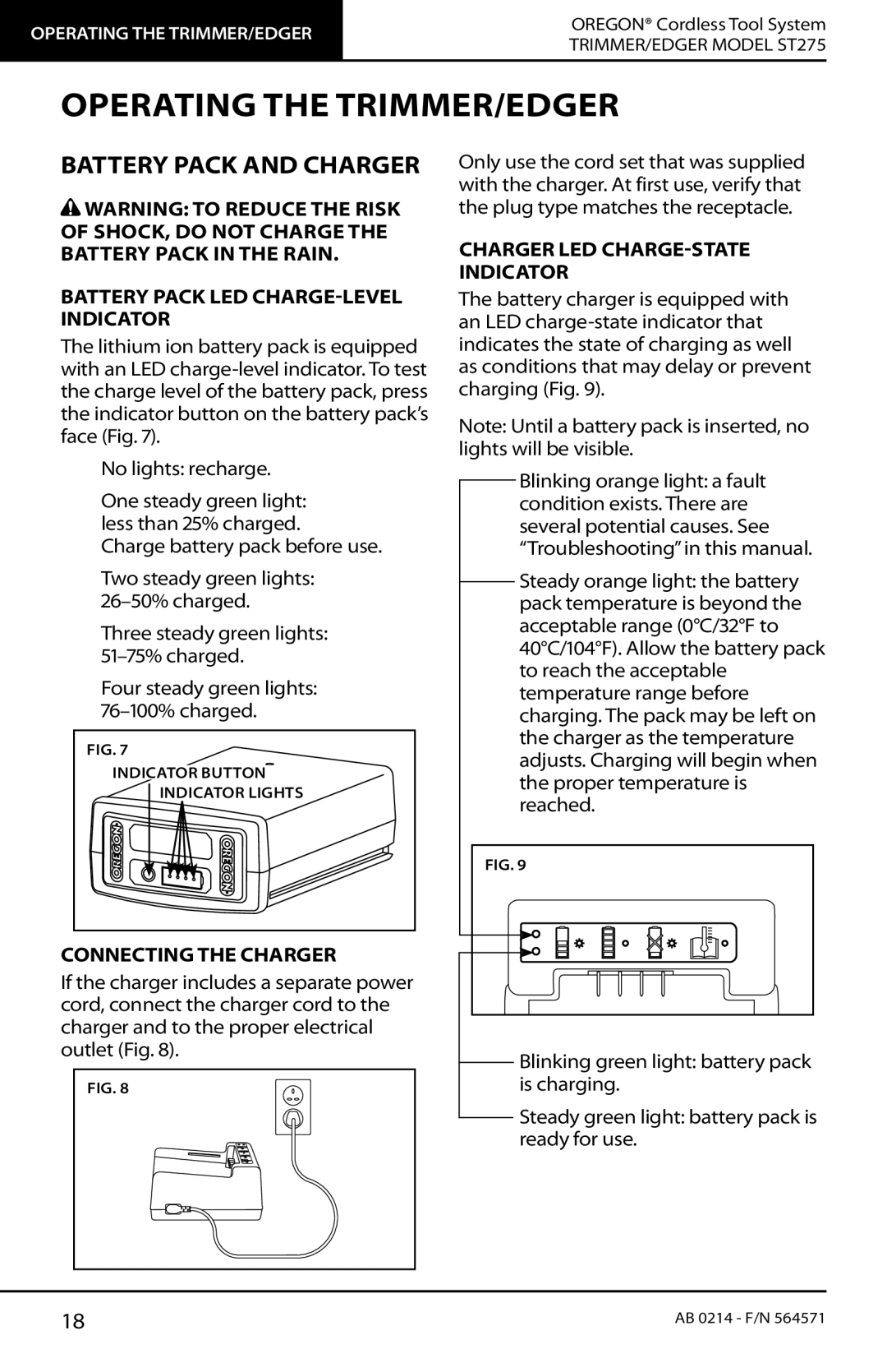 Oregon ST275 Operating the TRIMMER/EDGER, Battery Pack and Charger, Battery Pack LED CHARGE-LEVEL Indicator 