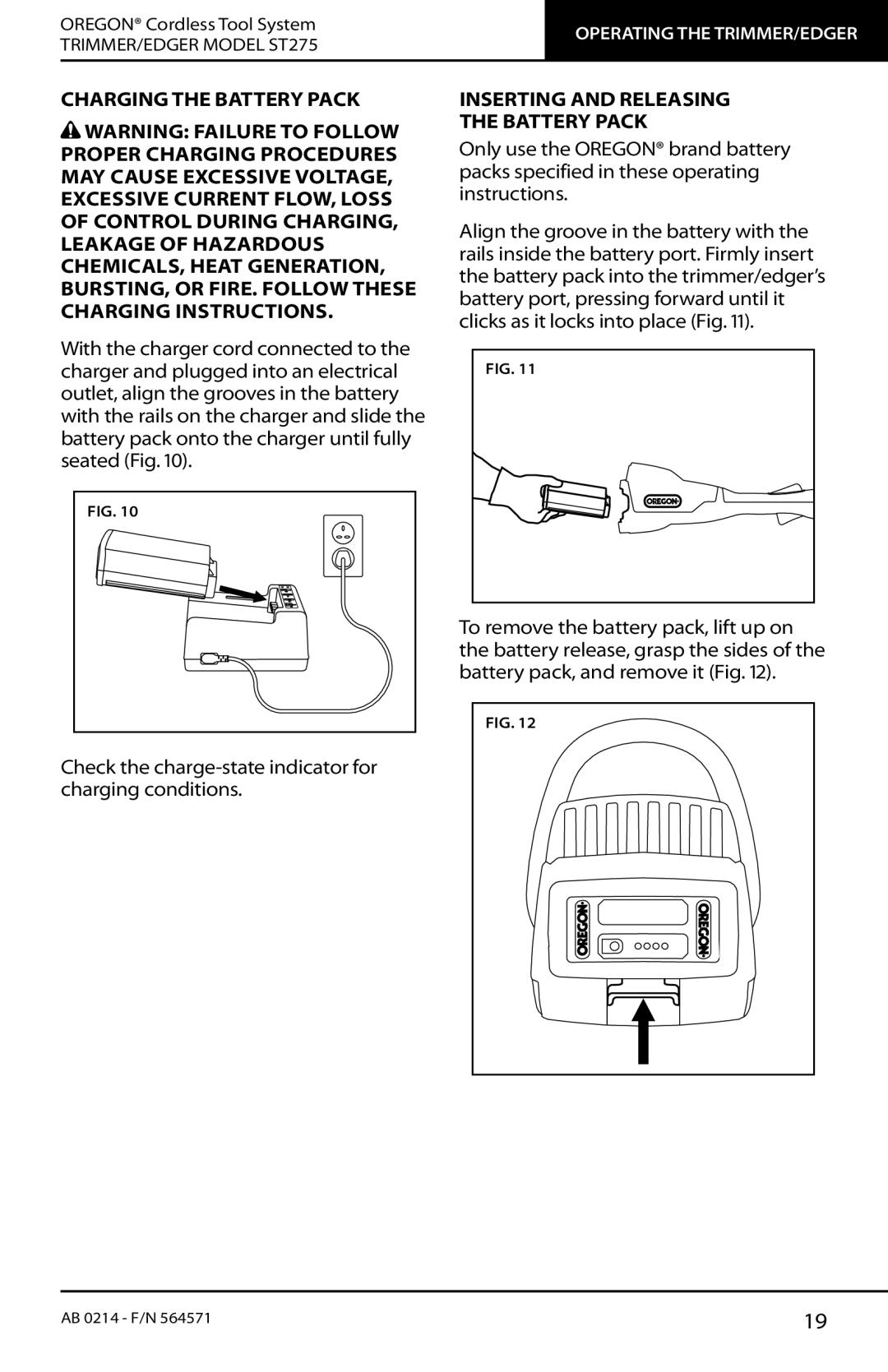 Oregon ST275 instruction manual Charging the Battery Pack, Inserting and Releasing Battery Pack 