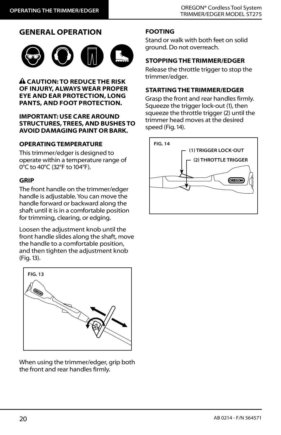 Oregon ST275 instruction manual General Operation, Grip, Footing, Stopping the TRIMMER/EDGER, Starting the TRIMMER/EDGER 