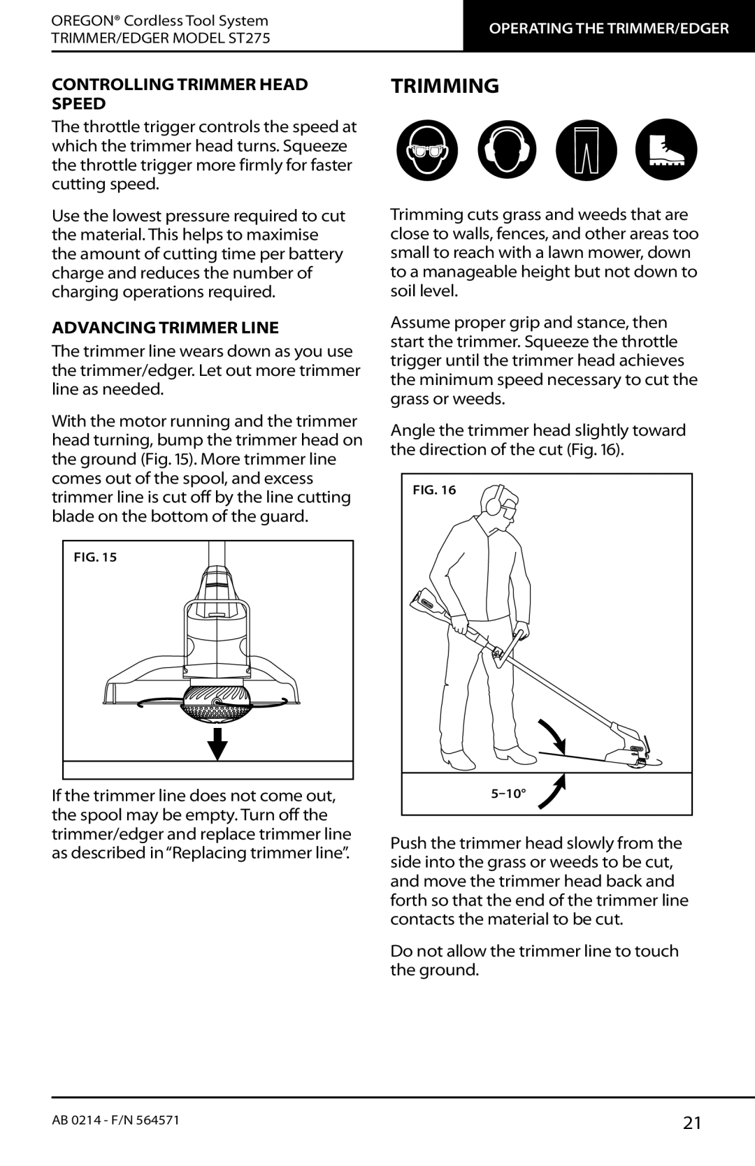 Oregon ST275 instruction manual Trimming, Controlling Trimmer Head Speed, Advancing Trimmer Line 