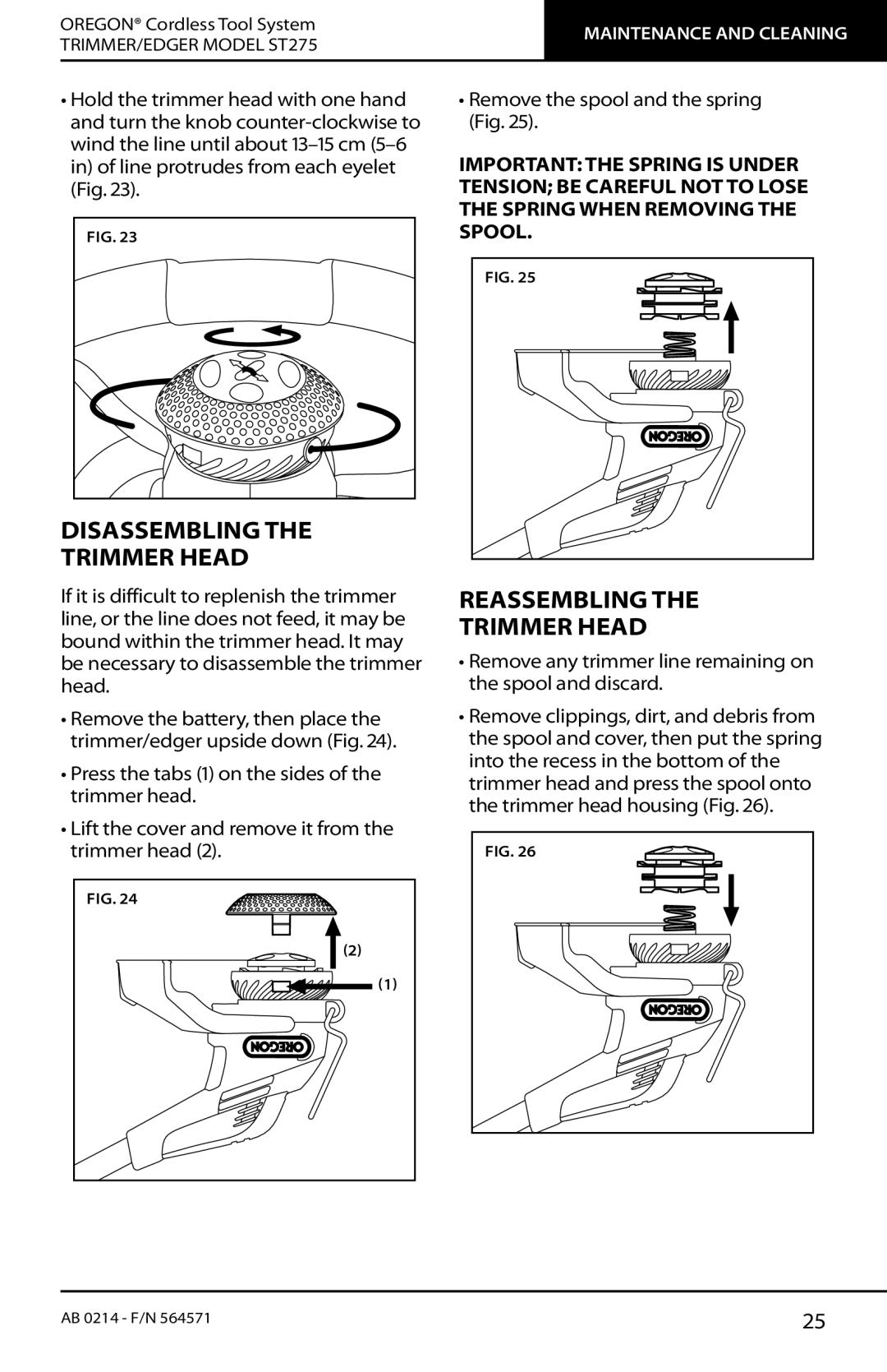 Oregon ST275 instruction manual Disassembling Trimmer Head, Reassembling Trimmer Head 