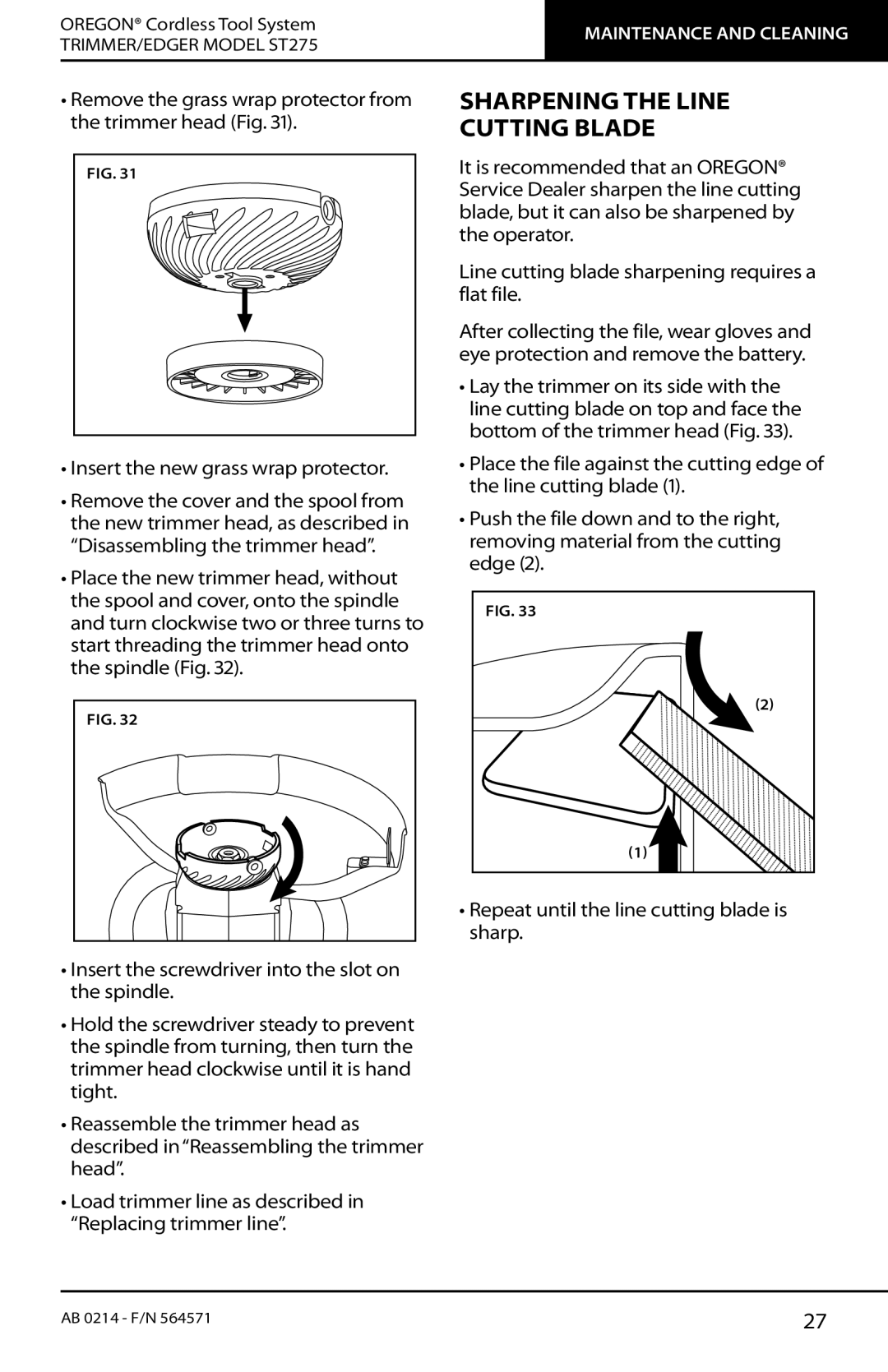 Oregon ST275 instruction manual Sharpening the Line Cutting Blade 