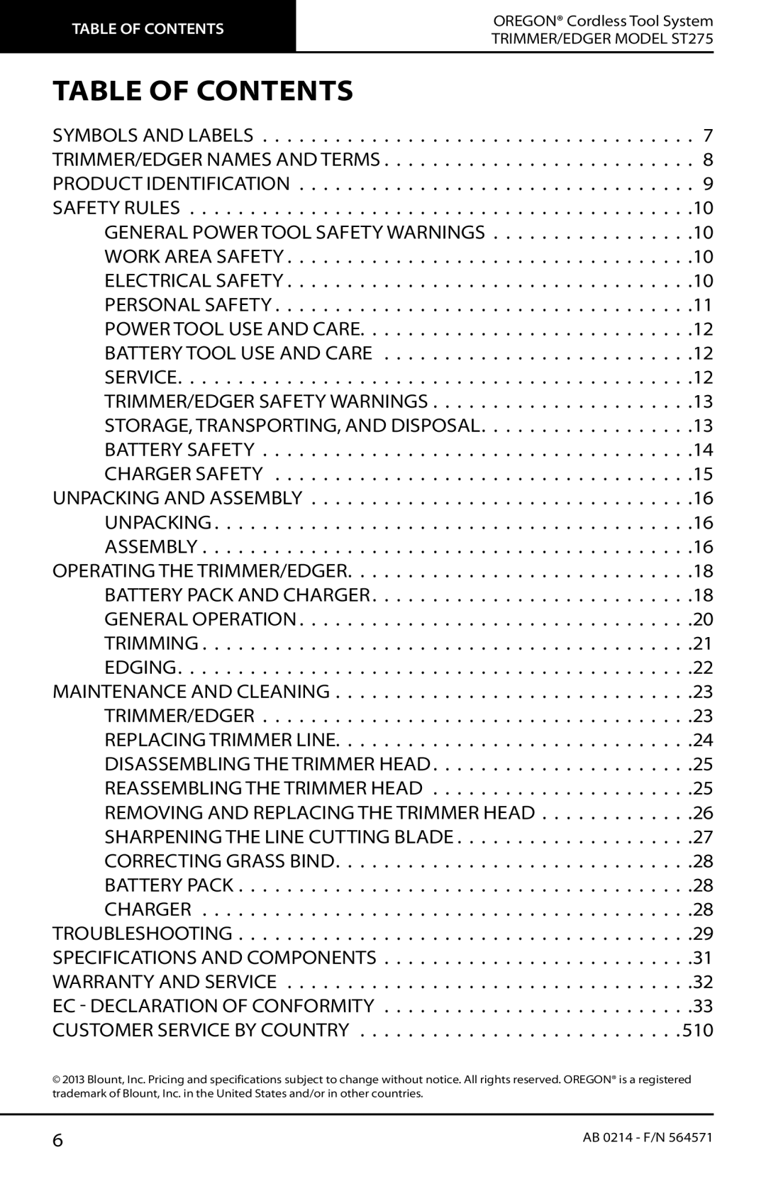 Oregon ST275 instruction manual Table of Contents 