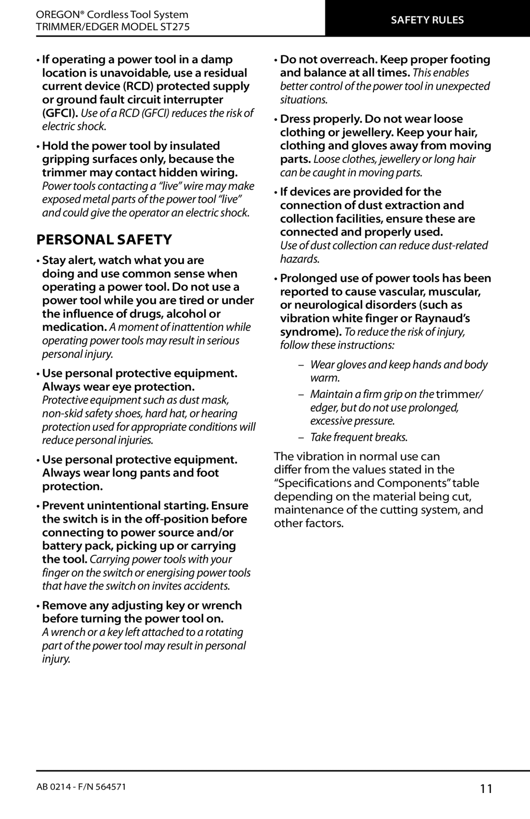 Oregon ST275 instruction manual Personal Safety 