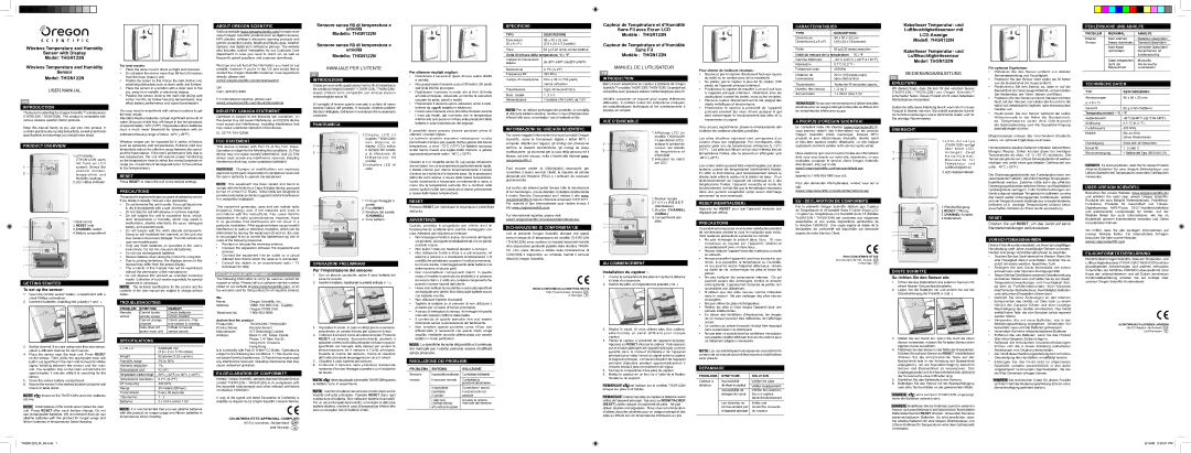 Oregon THGR122N specifications Introduction, About Oregon Scientific, Industry Canada Statement, Introduzione, Specifiche 