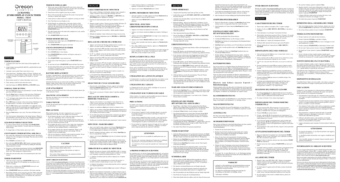 Oregon TR118 user manual Timer Features, Normal Time Setting, Timer Buzzer Alarm, Timer Memory Recall, Battery Replacement 