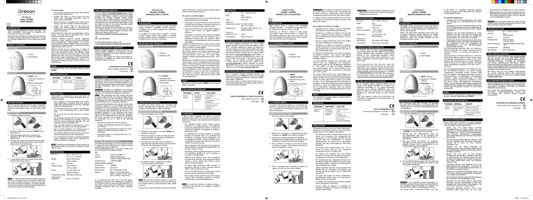 Oregon user manual Sensore UV Modello UVN800 MANUALE PER L’UTENTE, Capteur d’UV Modèle UVN800, Manuel De L’Utilisateur 