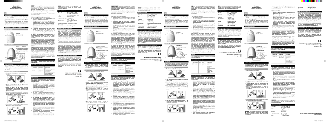 Oregon user manual Sensor UVA Modelo UVN800 MANUAL DE USUARIO, Sensor UV Modelo UVN800 MANUAL DO USUÁRIO, Back View 