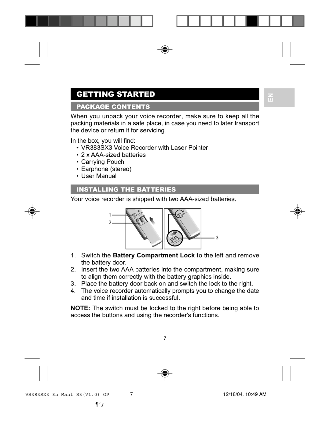 Oregon VR383SX3 user manual Getting Started, Package Contents, Installing the Batteries 