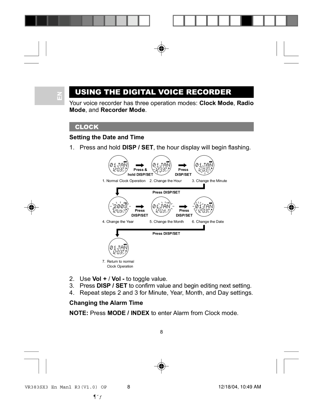 Oregon VR383SX3 user manual Using the Digital Voice Recorder, Clock, Setting the Date and Time, Changing the Alarm Time 