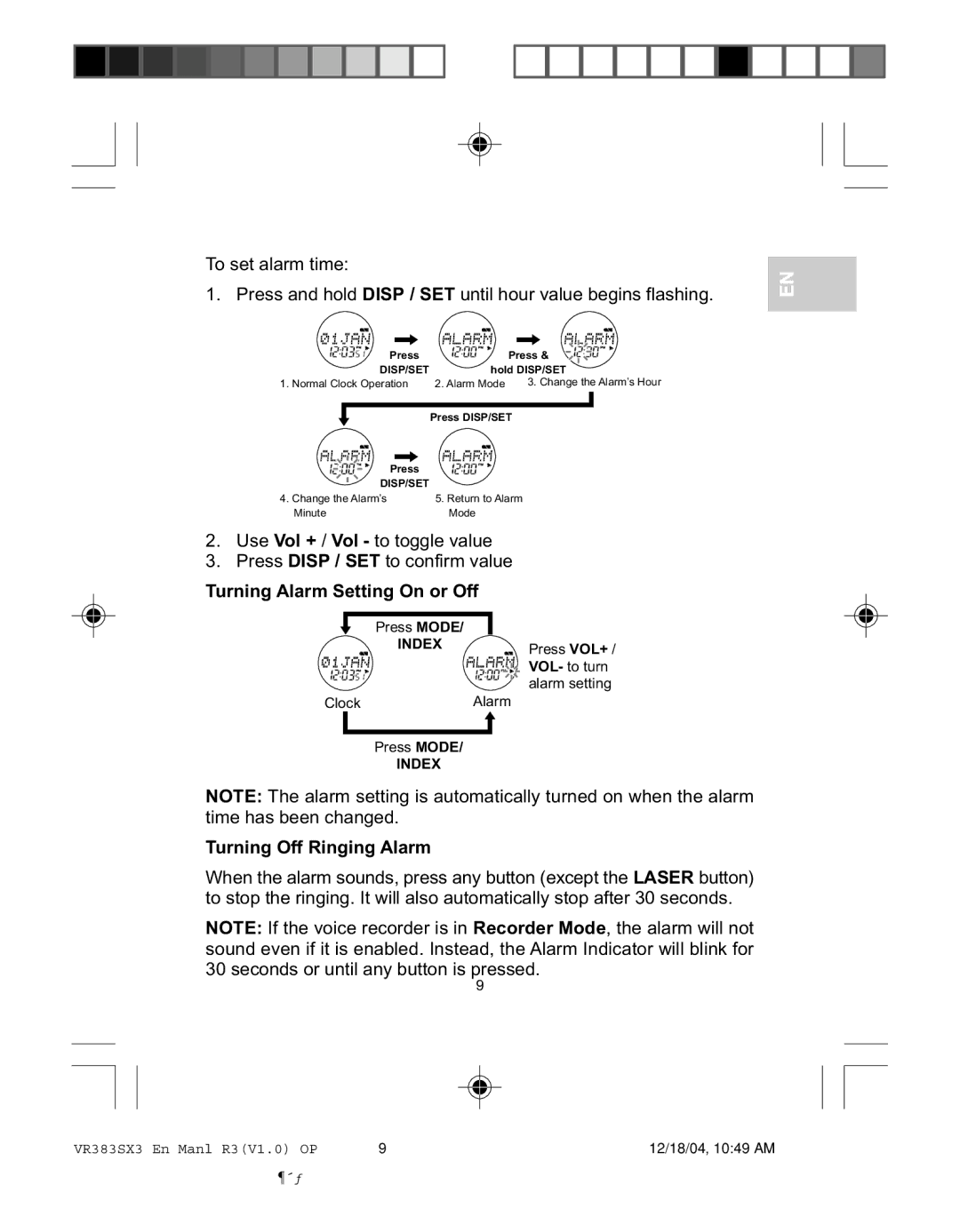 Oregon VR383SX3 user manual Turning Alarm Setting On or Off, Turning Off Ringing Alarm 