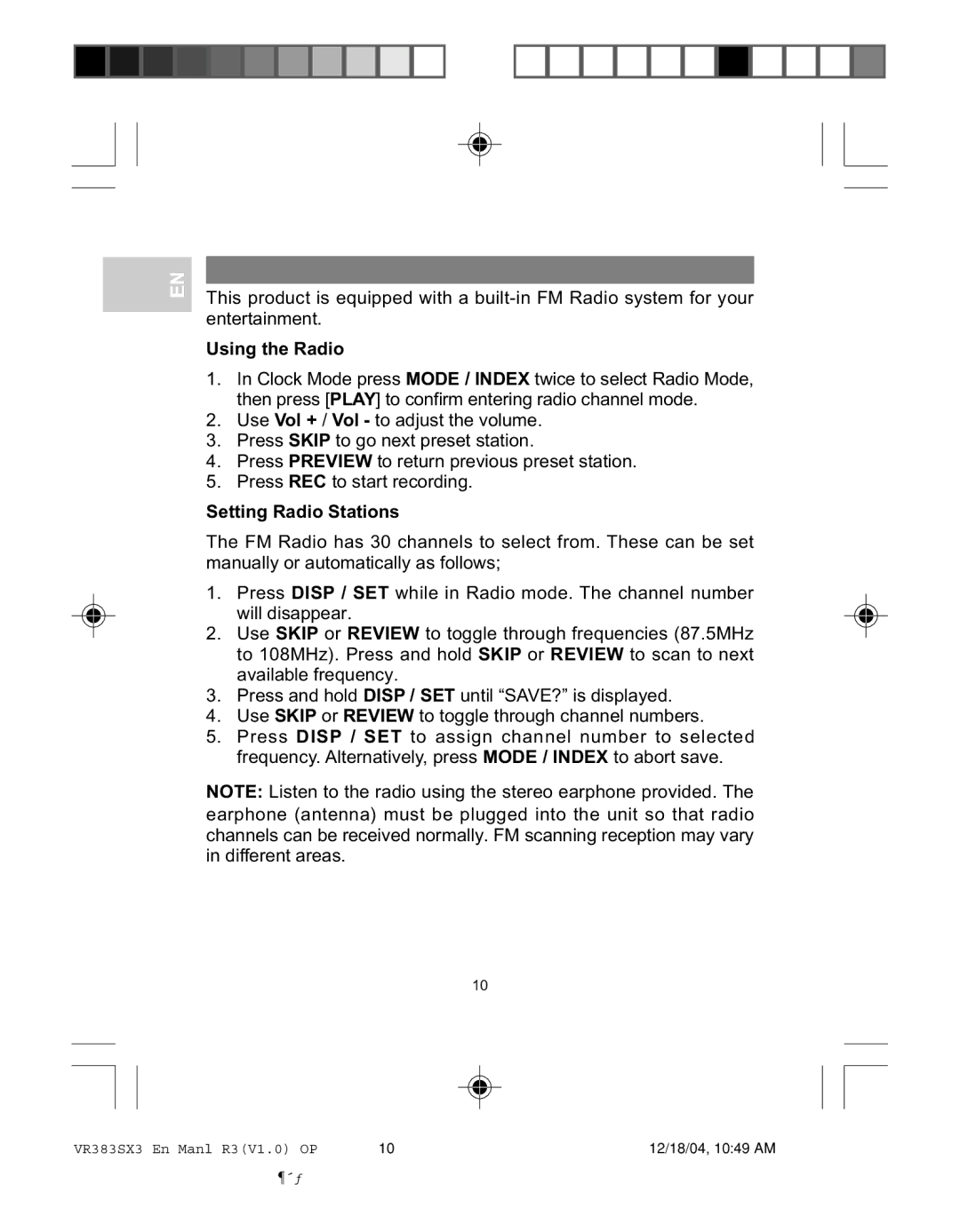 Oregon VR383SX3 user manual Using the Radio, Setting Radio Stations 