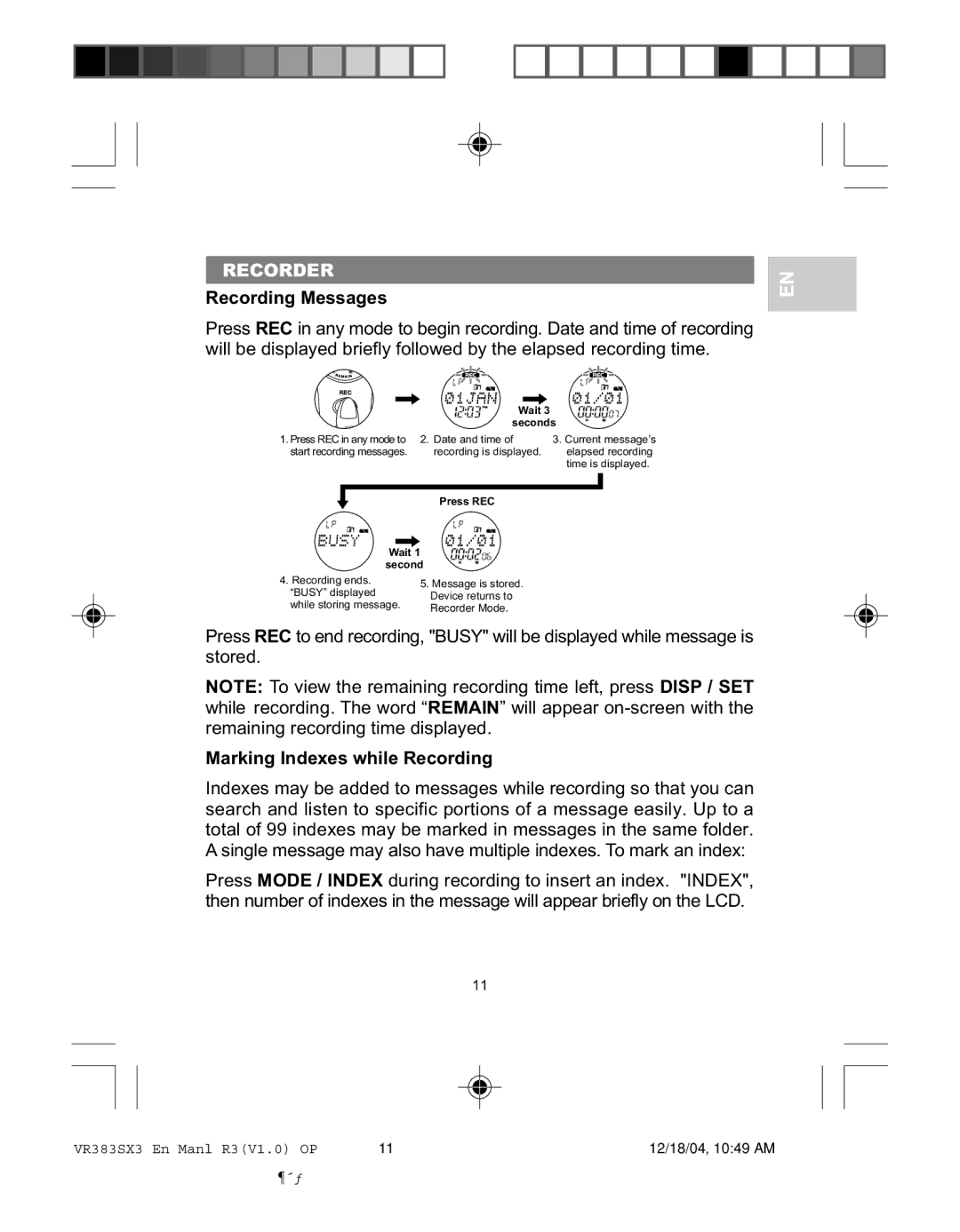 Oregon VR383SX3 user manual Recorder, Recording Messages, Marking Indexes while Recording 