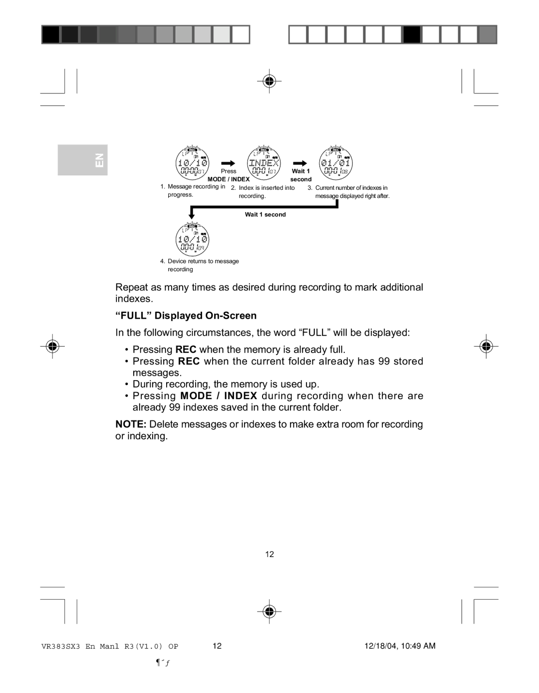 Oregon VR383SX3 user manual Full Displayed On-Screen 