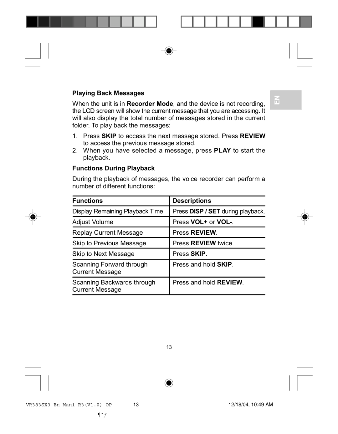 Oregon VR383SX3 user manual Playing Back Messages, Functions During Playback, Functions Descriptions 