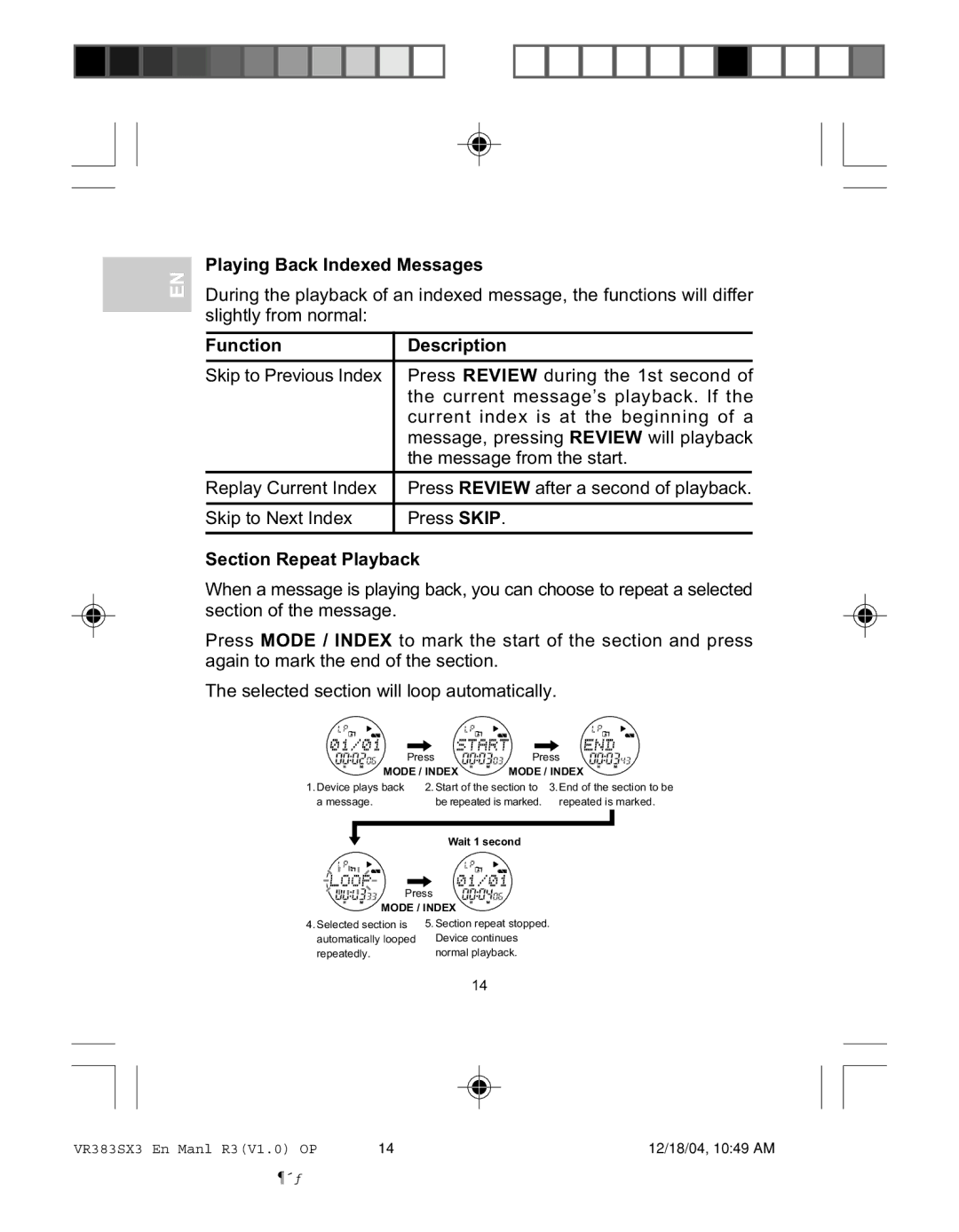 Oregon VR383SX3 user manual Playing Back Indexed Messages, Function Description 